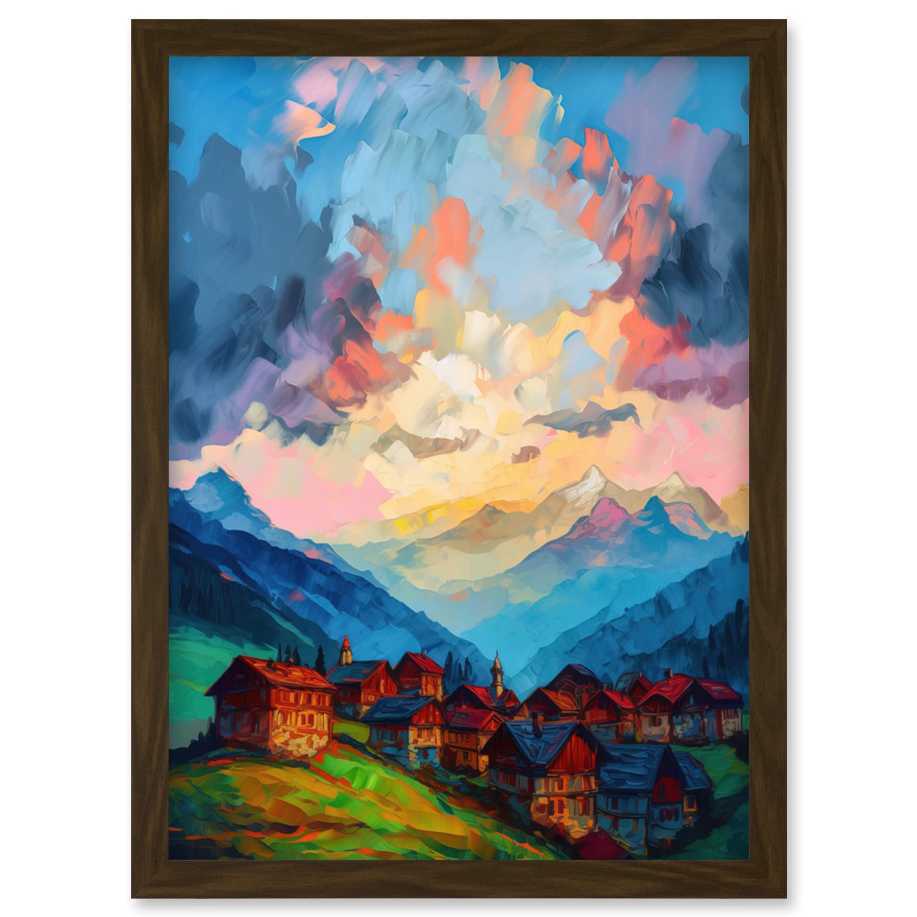 Artery8 Atmospheric Clouds at Dawn Over Small Village Houses in the Alps Modern Watercolour Painting Artwork Framed Wall Art Print A4