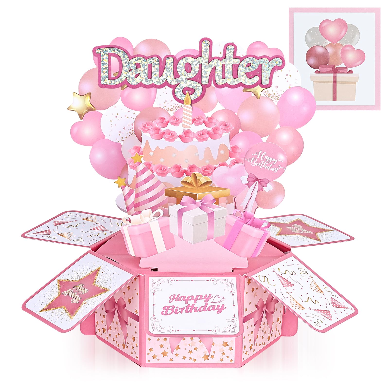 Joyoldelf Daughter Birthday Card, Personalised Pink 3D Pop Up Happy Birthday Card with Cake & Balloon, Comes with Envelope, Sweet Keepsake Greeting Card Gift from Mum and Dad for Girl Female Daughter
