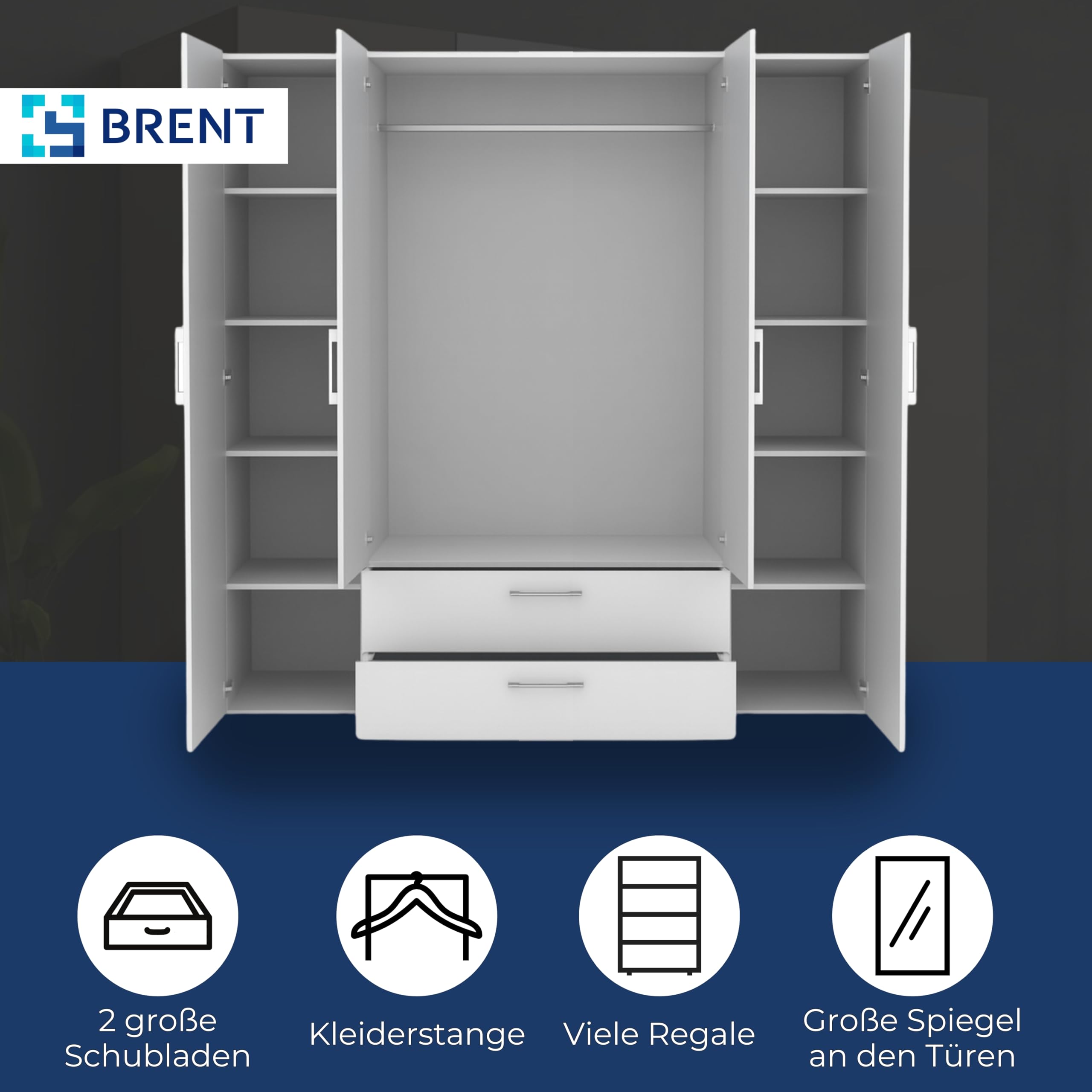 Brent - Kleiderschrank mit Spiegel, Garderobenschrank (BxHxT) 200x200x60 cm, Schrank mit Türen, Schlafzimmerschrank mit Regalen - Grau