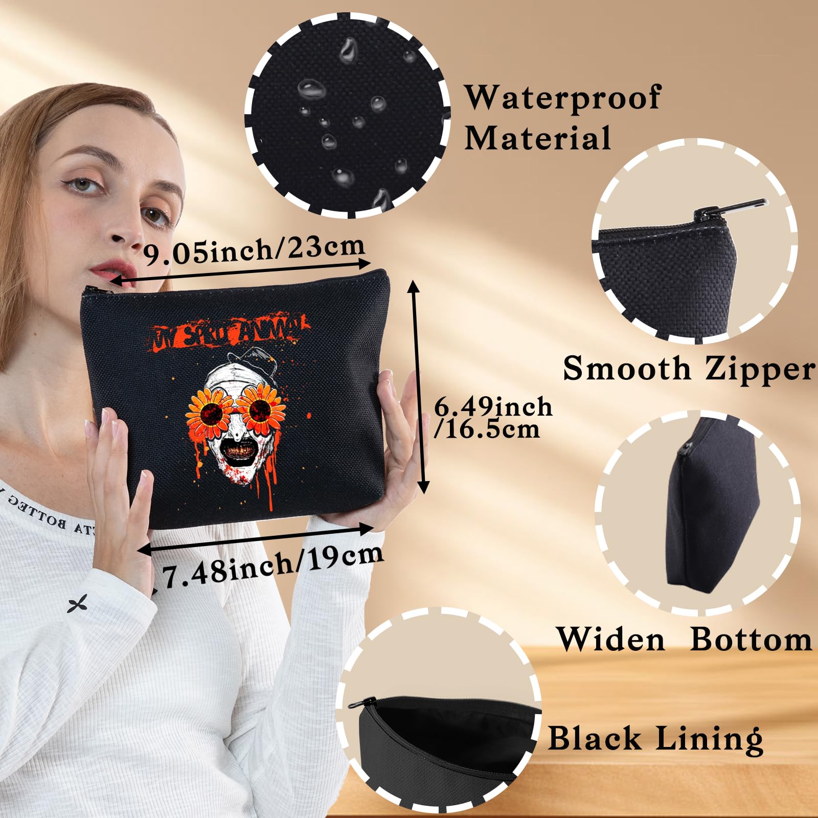 BWWKTOP Clown Movie Cosmetic Makeup Bag Movie Fans Gifts Horror Movie Zipper Pouch for Women Girls Sunflower Glass Ghost, Bag - Image 2