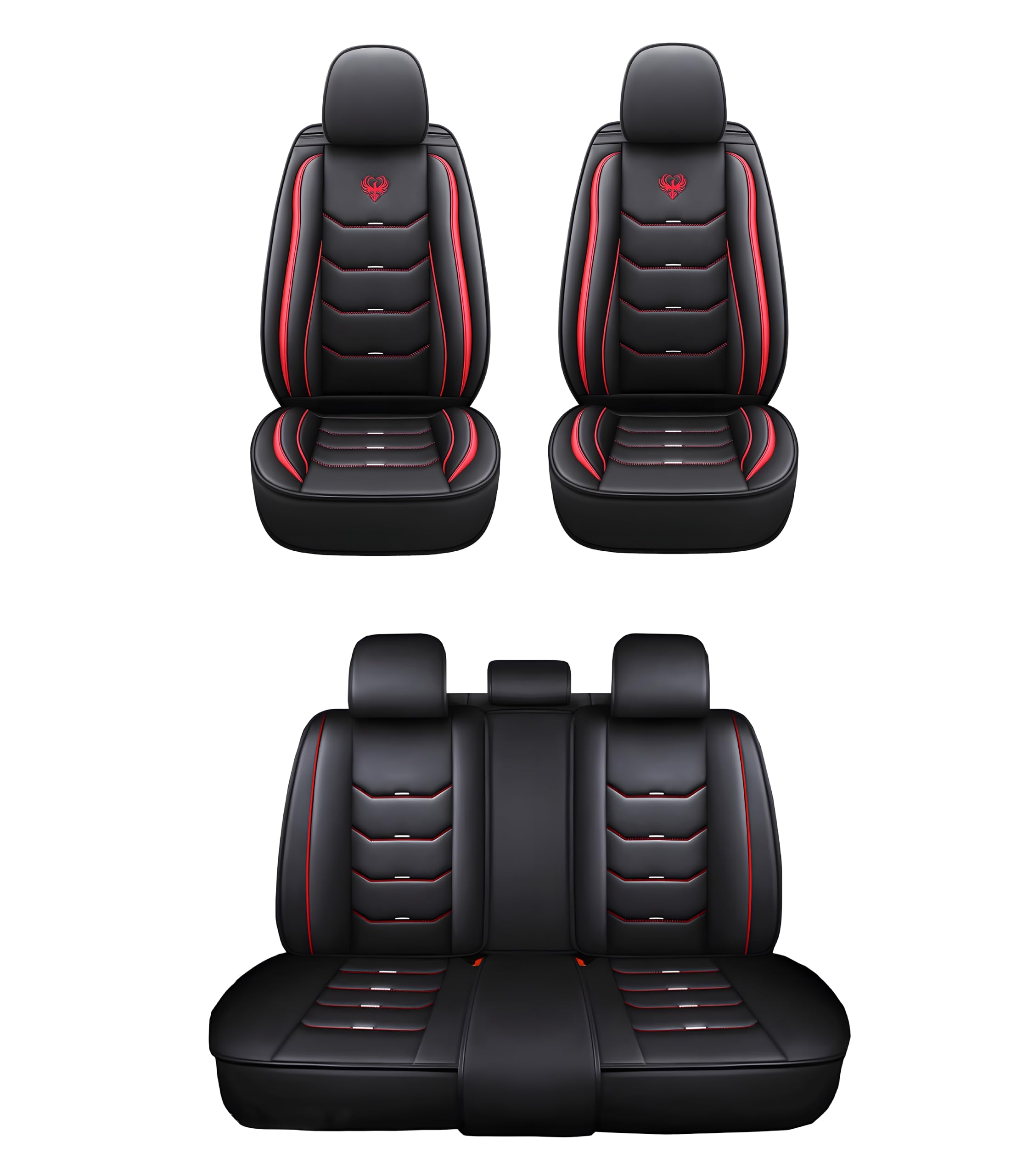Autositzbezug-Set, universell, sportlich, hochwertig, aus Kunstleder, vorne und hinten, mit Kopfstütze, kompatibel mit Airbag, seitlicher Sitzschutz, dynamischer Look (Set vorne + hinten, rot)