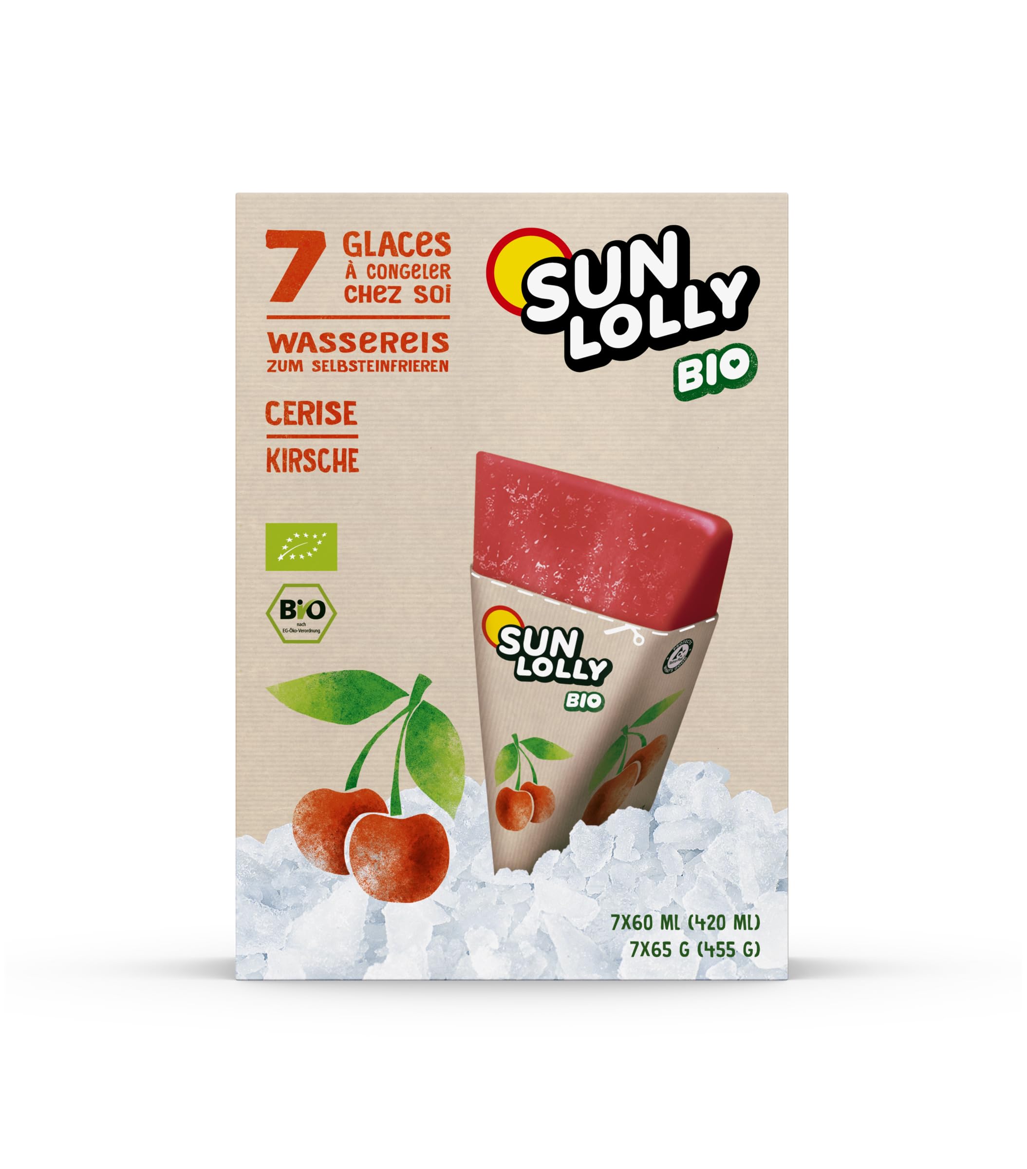Sun Lolly Bio Wassereis Kirsche 7 Stk | Mit Fruchtsaft | Zum Selbsteinfrieren | Ohne künstliche Aromen | Frei von Süßungsmittel | Laktosefrei | Glutenfrei | Vegan | 7 x 60ml