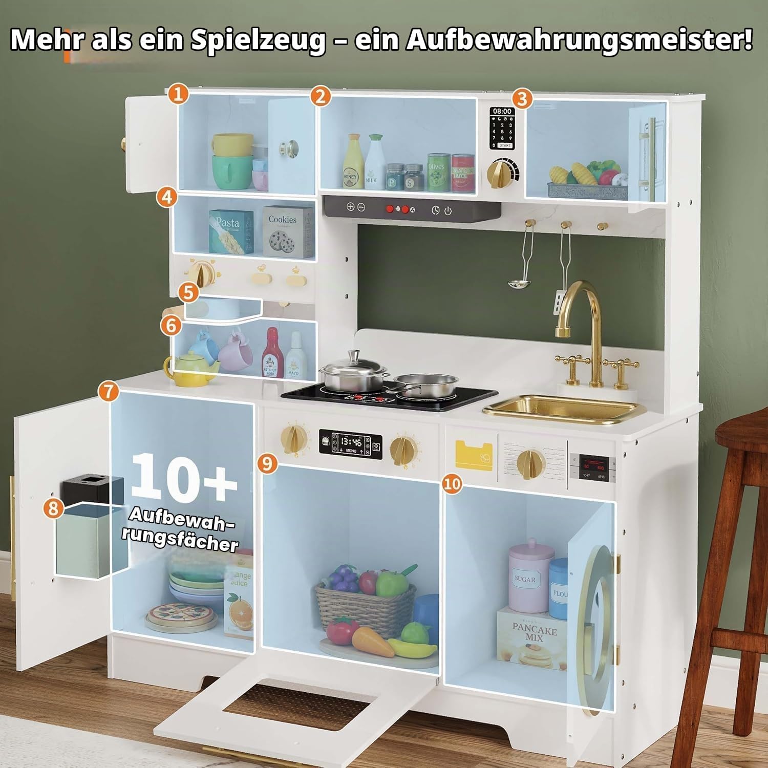 Holz Spielküche 8-in-1 Kinderküche Kaffeemaschine Herd Weiß