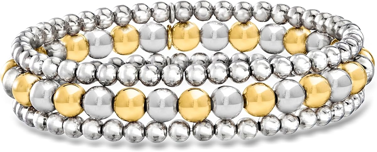 Juego de joyería italiana de plata de ley de 2 tonos: 3 pulseras elásticas de cuentas de 4-6 mm