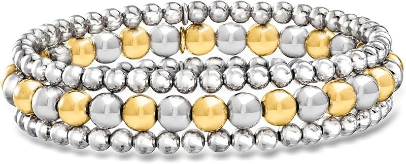Juego de joyería italiana de plata de ley de 2 tonos: 3 pulseras elásticas de cuentas de 4-6 mm