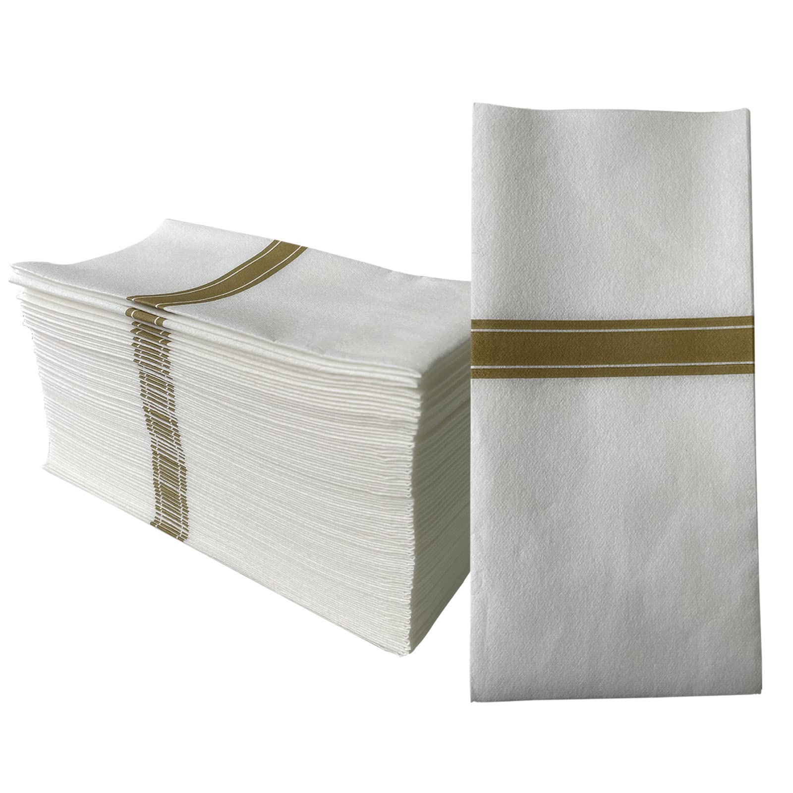 JEBBLAS Linen Feel Hand Towels, Disposable Elegant Bathroom Napkins, Cloth Like Napkins for Weddings,Parties, Gold and White, Soft and Absorbent, Pack of 100, White with Gold Stripe Print