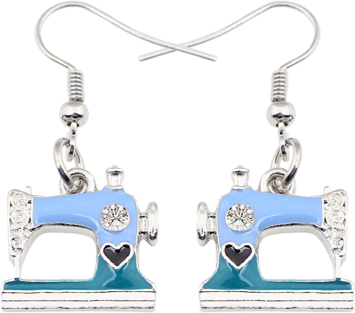 WEVENI Enamel Alloy Crystal Sewing Machine Earrings Dangle Drop Unique Jewelry Dainty Sewing Gifts For Quilters Women Seamstress Ladies