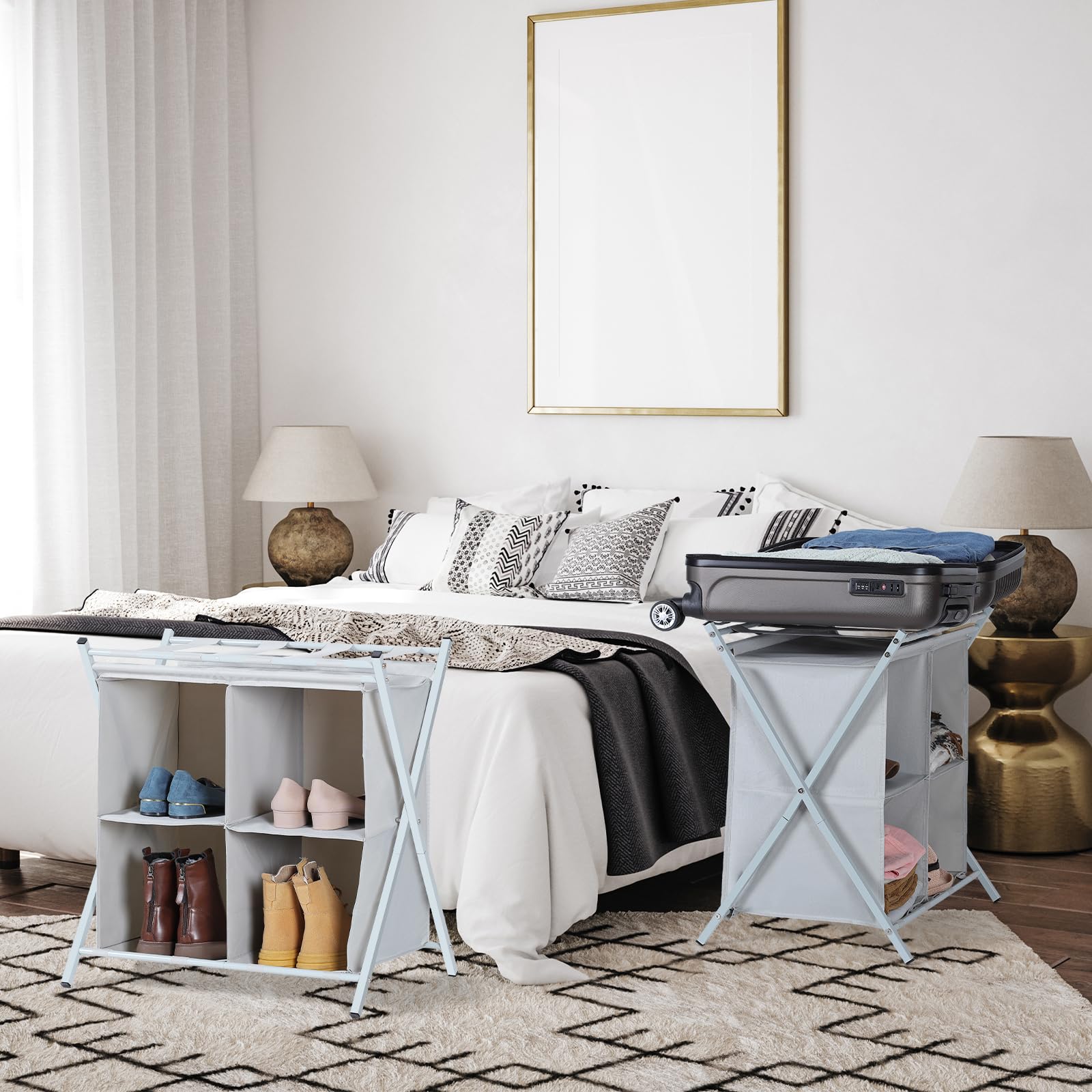 Nandae Porte-valises Pliable avec 4 Compartiments - Rangement pour Valises, Chaussures et Vêtements en Métal et Nylon, pour Chambre et Dressing, Gain de Place