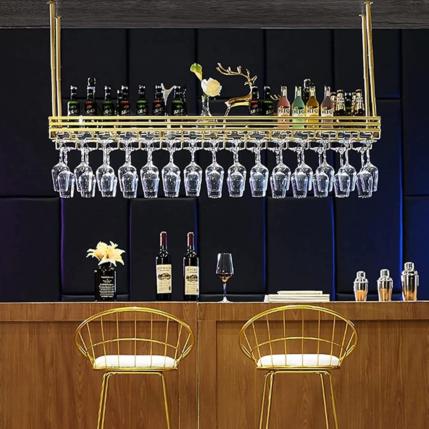 Hanging Wine Glass Holder Ceiling Metal Hanging Wine Glass Rack,Adjustable Height,European Style LOFT Wine Bottle Holder Decoration Stemware Goblet Shelf,for Bar Kitchen Restaurant