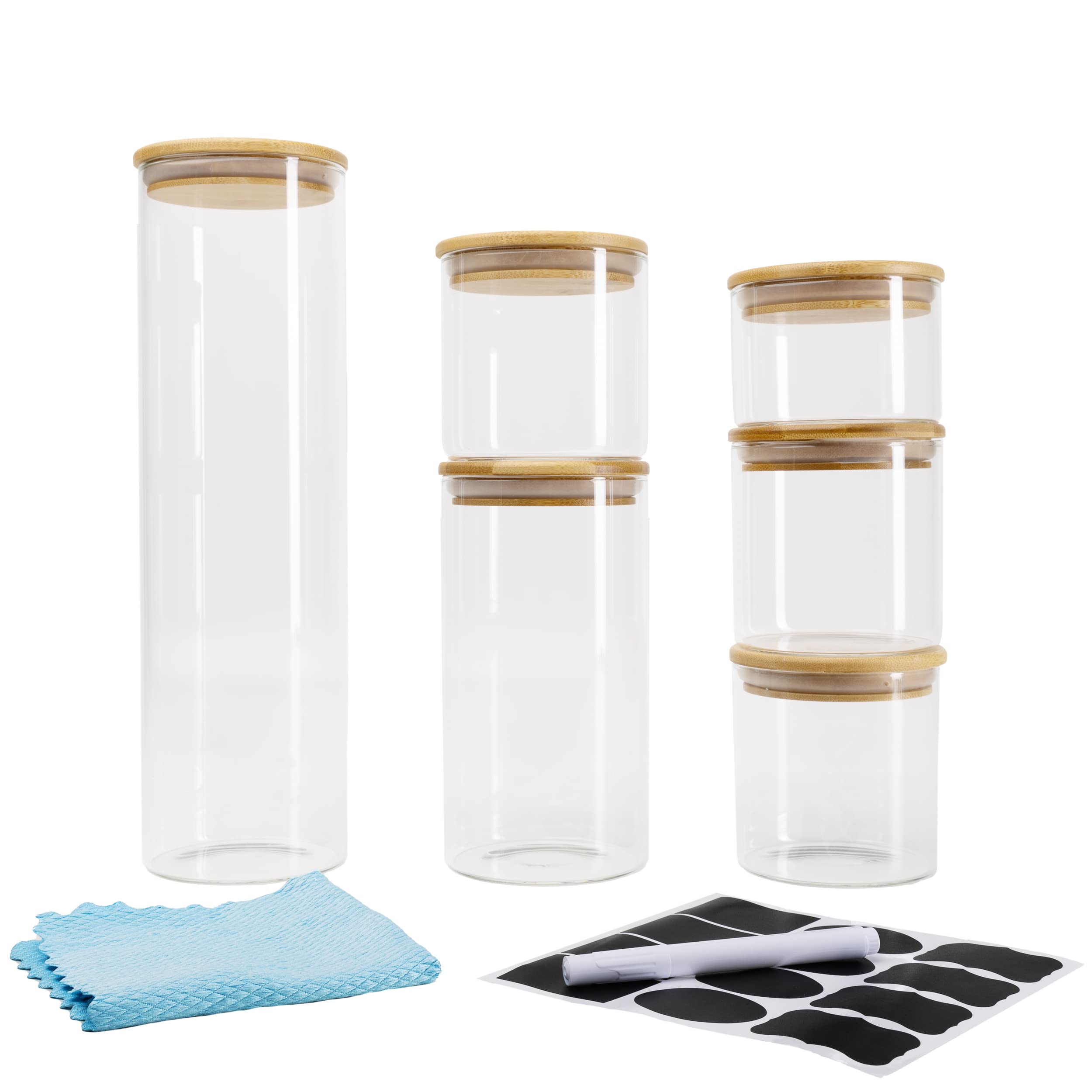 BAUER Flaschenbauer Vorratsgläser mit Deckel aus Borosilikatglas zur luftdichten Aufbewahrung inkl. Etiketten, Stift & Microfasertuch 1x 2000ml / 1x 1100ml / 3x 500ml / 1x 250ml / Bambusverschluss