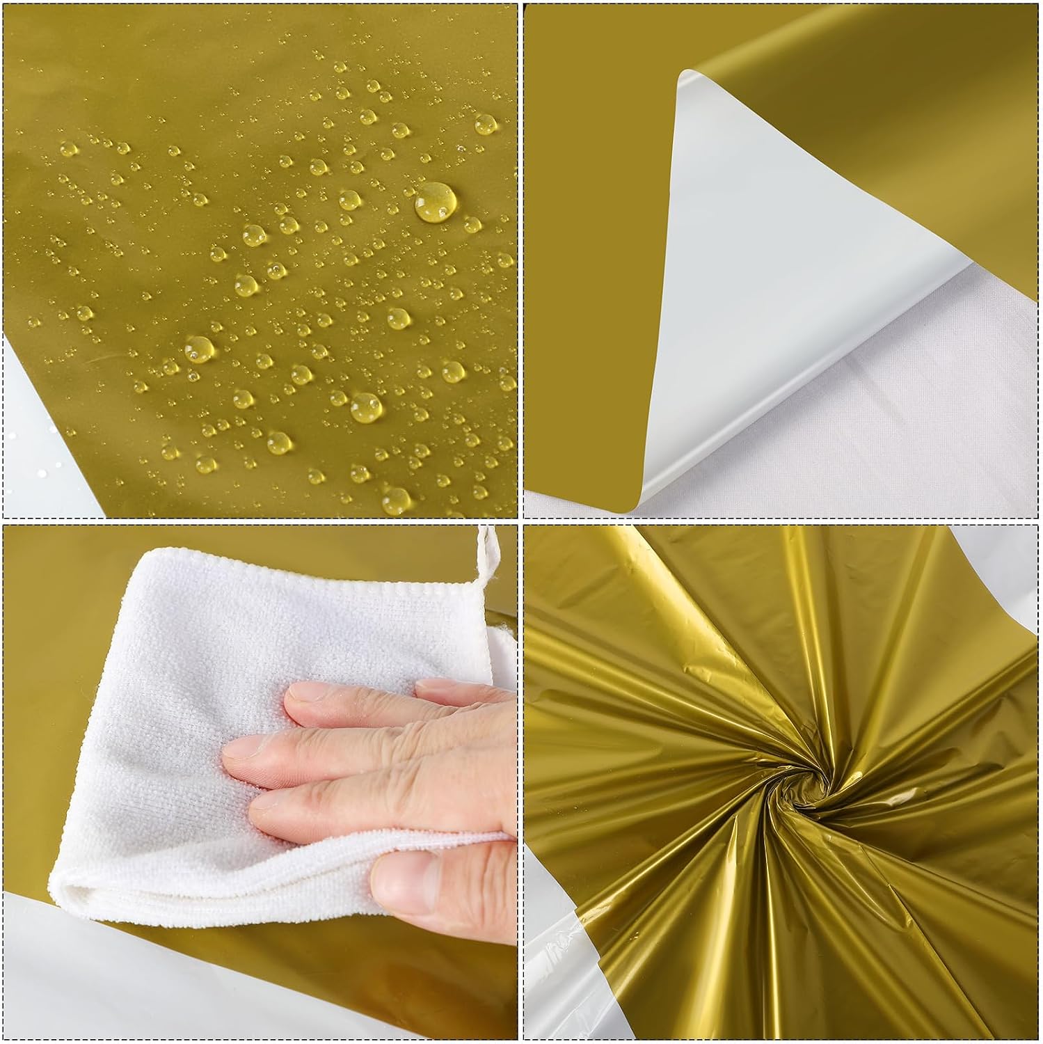 Oudain 6 Pcs Disposable Plastic Tablecloths 54" x 108" for Rectangle Tables Cloths Waterproof Table Cover for Baby Shower Wedding Birthdays Graduation Decoration (Gold,White)