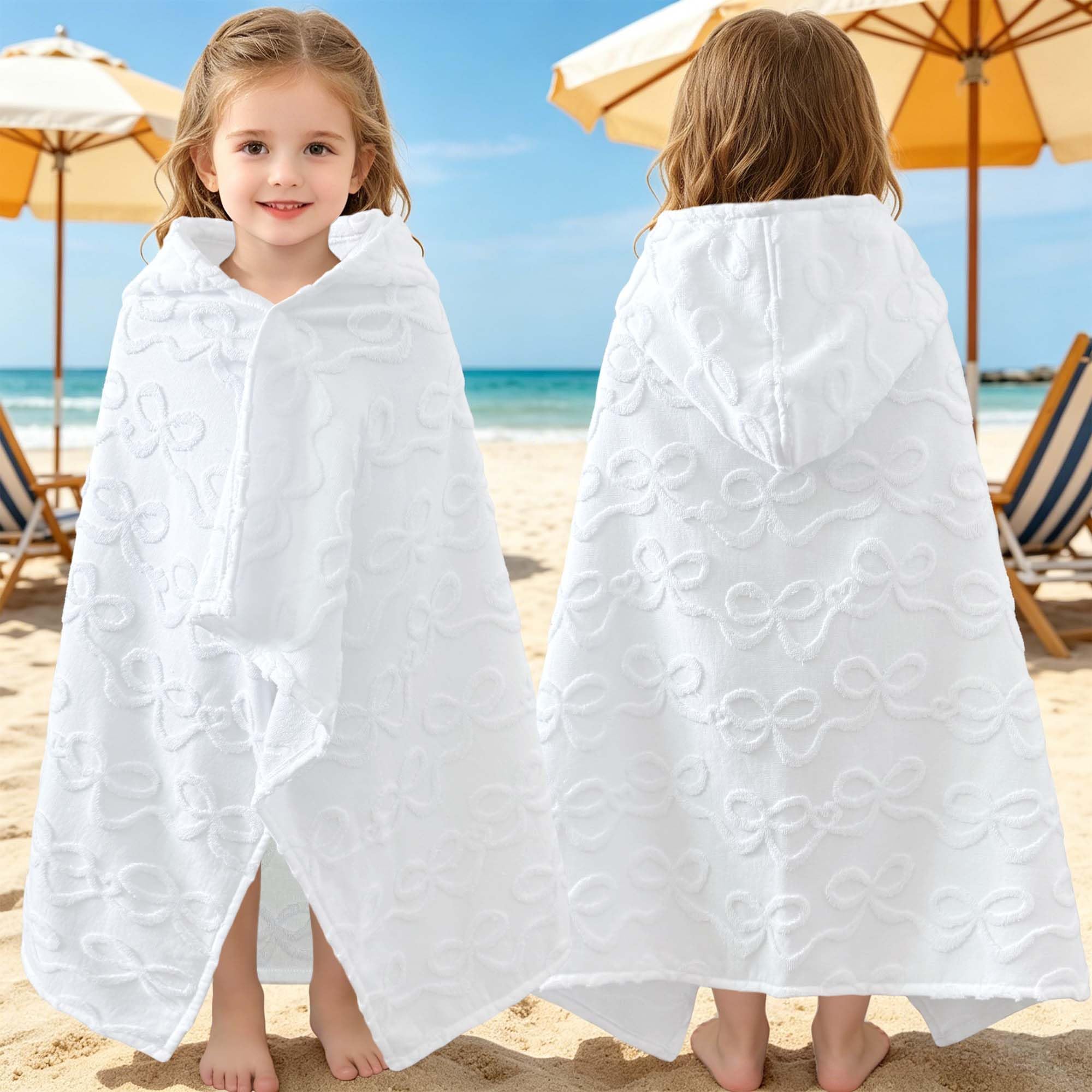VOOVA & MOVAS White Bow Toddler Hooded Beach Towel Age 0-3,100%Cotton,Thick | 40"x25", Beach Pool Bath Towel,Gift for Girls,Wearable Towel,Absorbent,Gentle,Machine Washable Durable,Premium Quality Jacquard White Bow 40"x25"(0-3 Years)
