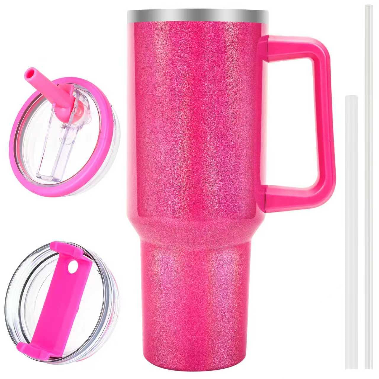 40 oz Tumbler with Handle and Flip Straw Lid, Vacuum Insulated Leak Proof Double Walled Stainless Steel Glitter Travel Mug Tumblers, Maintains Cold Ice and Heat for Hours(Hot Pink)
