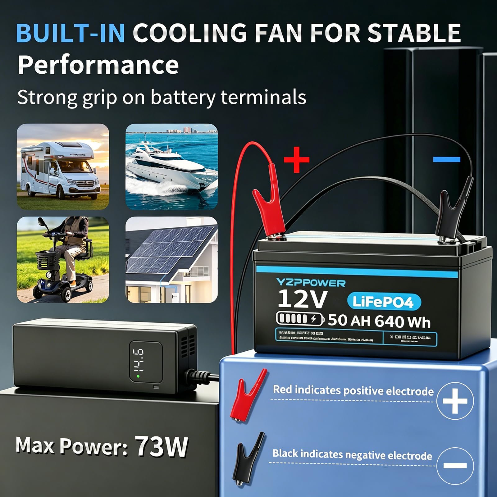 LiFePO4 Ladegerät 14,6V 5A mit Krokodilklemmen - 12V Lithium Akku mit LED Display