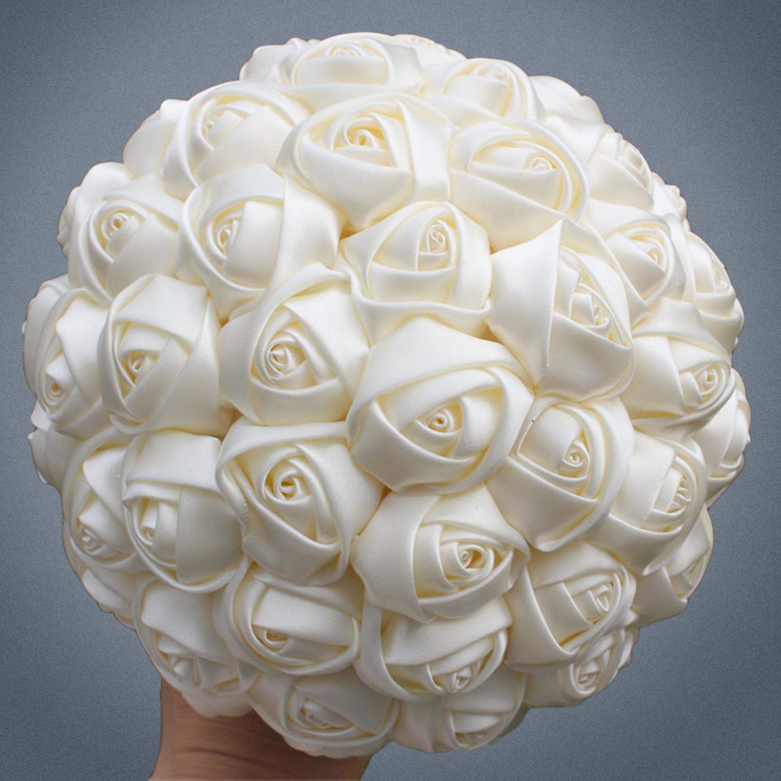 Bouquet de mariée en Soie Ivoire, pour Demoiselle d'honneur/mariée, avec Support en Satin Bleu lac, 15 cm de diamètre, Motif pastèque 18 cm.