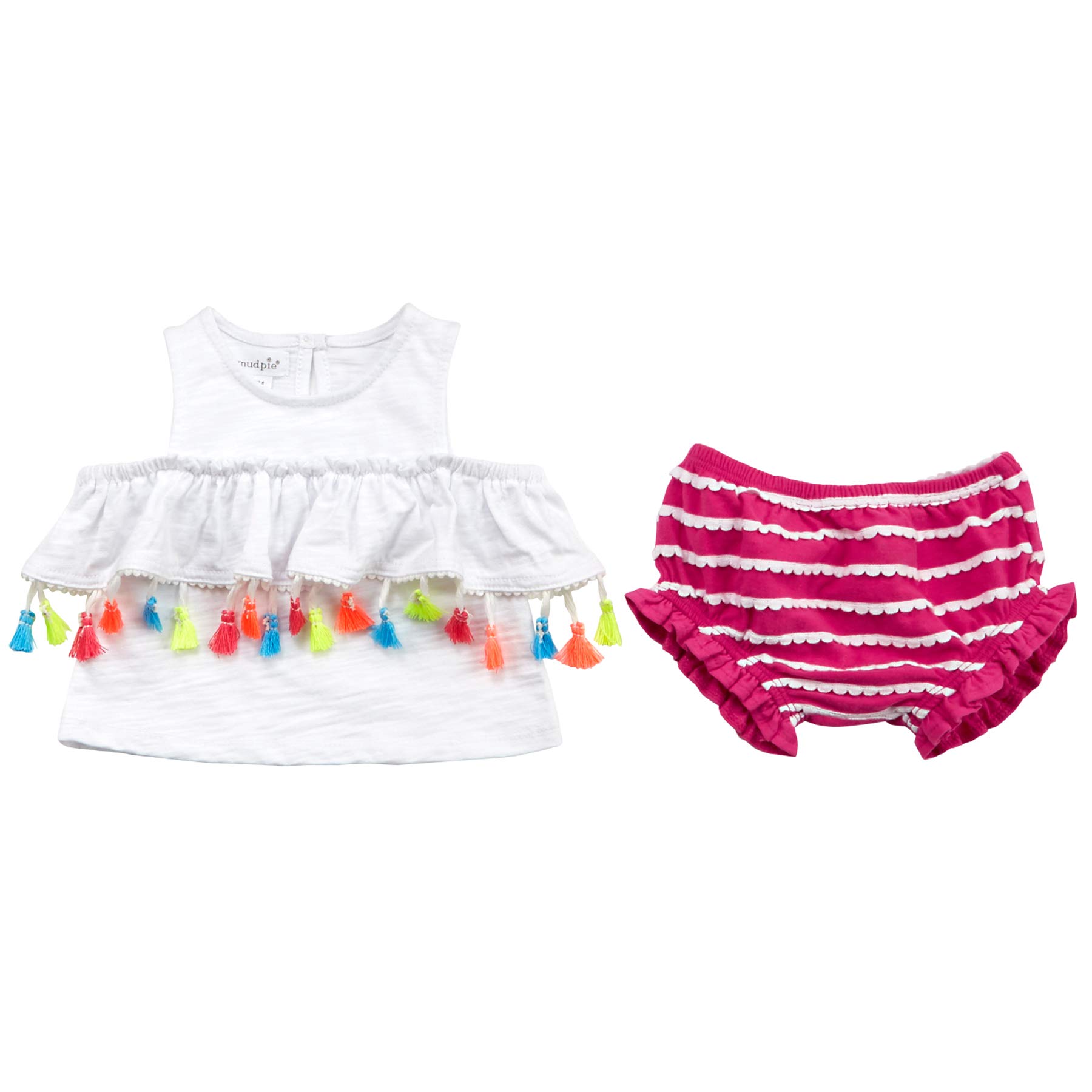 Mud Pie Baby Girls Tassel Pinafore Cold Shoulder 2 Pc Play Set & Bloomers, White, 3-6 Months