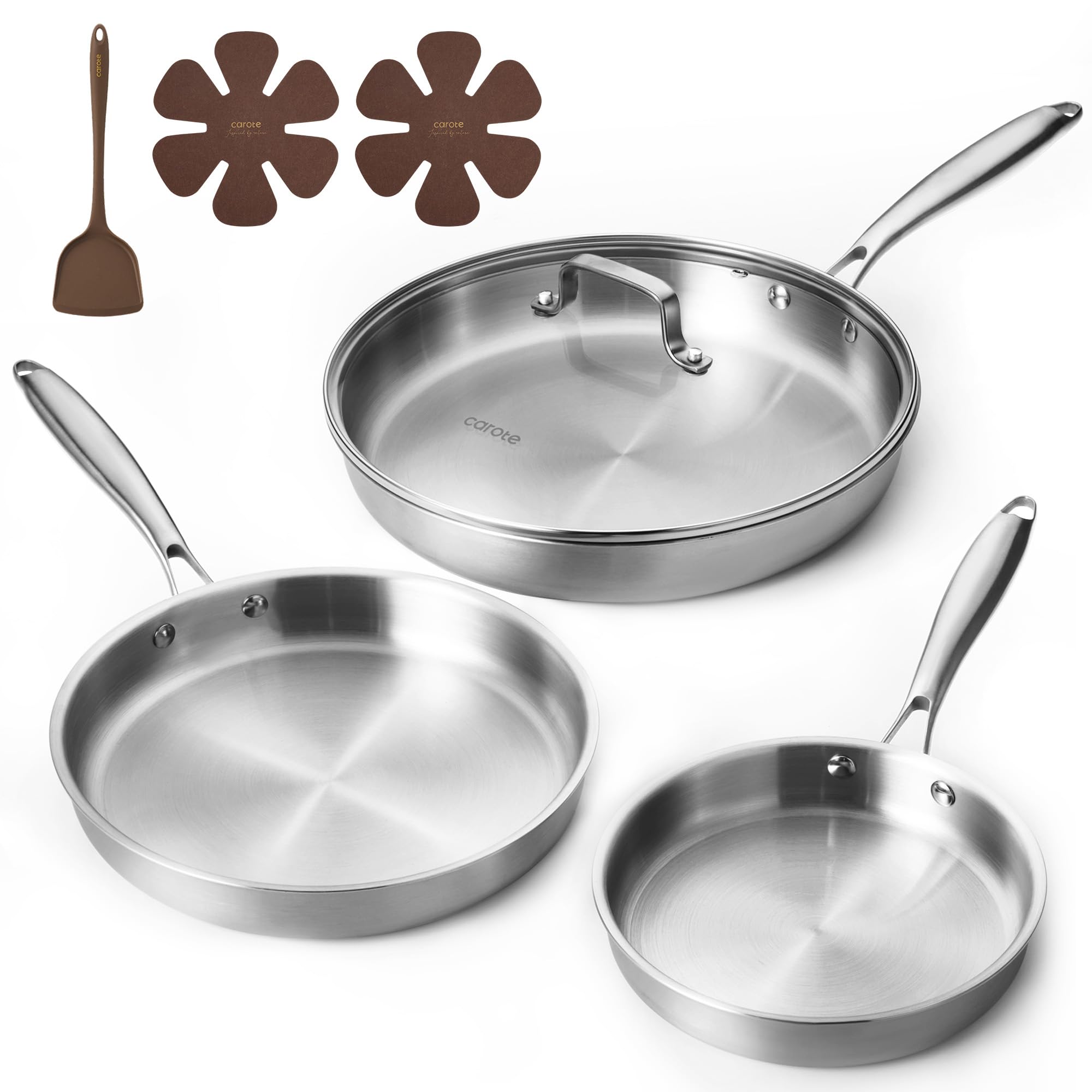 Photo 1 of CAROTE 7-Piece Tri-Ply Stainless Steel Frying Pan Set, Skillet Set 8"/10"/12", Induction Compatible, Oven & Dishwasher Safe, Silver Handle