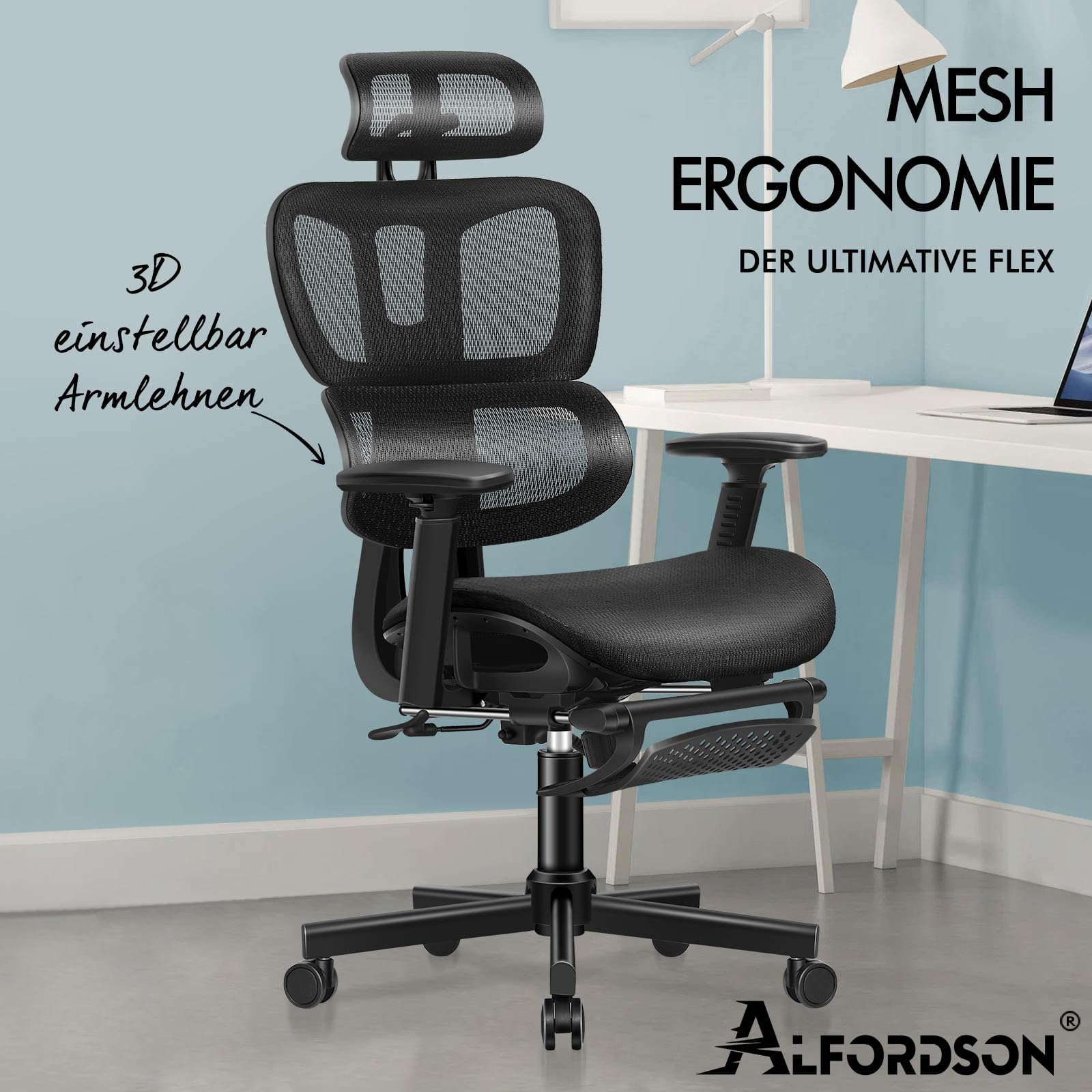 ALFORDSON Bürostuhl Mesh Chefsessel Ergonomischer Schreibtischstuhl, verstellbare Kopfstütze Höhenverstellung, hoher Rückenlehne Netzstuhl Verstellbarer Armlehne,Besprechungsstuhl, bis 180 kg,Schwarz