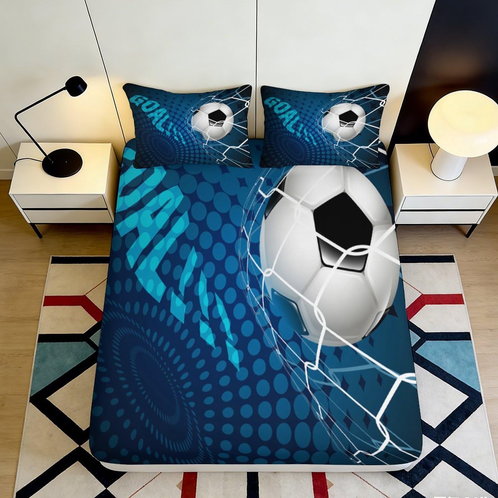 3D Printed Soccer Goal Fitted Sheet Microfiber Blue Sports Bed Cover Football Net Design for Bedroom Dorm Decor 90x200x25cm