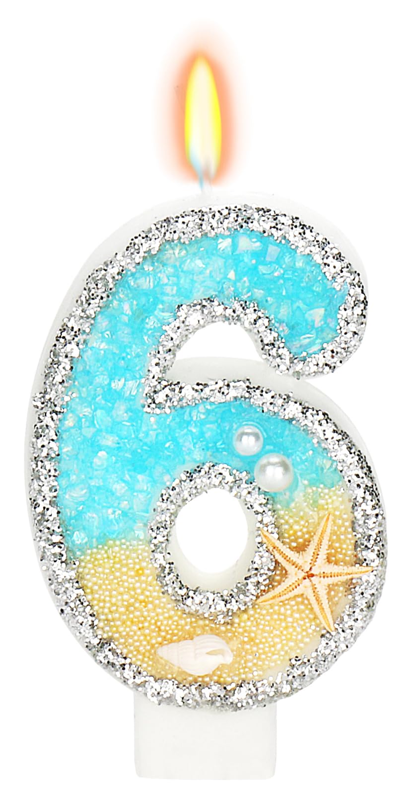 Vela de cumpleaños número 6 para pastel, velas de pastel con número 6 de estrella de mar de playa, vela de feliz cumpleaños número 6, decoración de pastel para fiesta de cumpleaños (número 6)