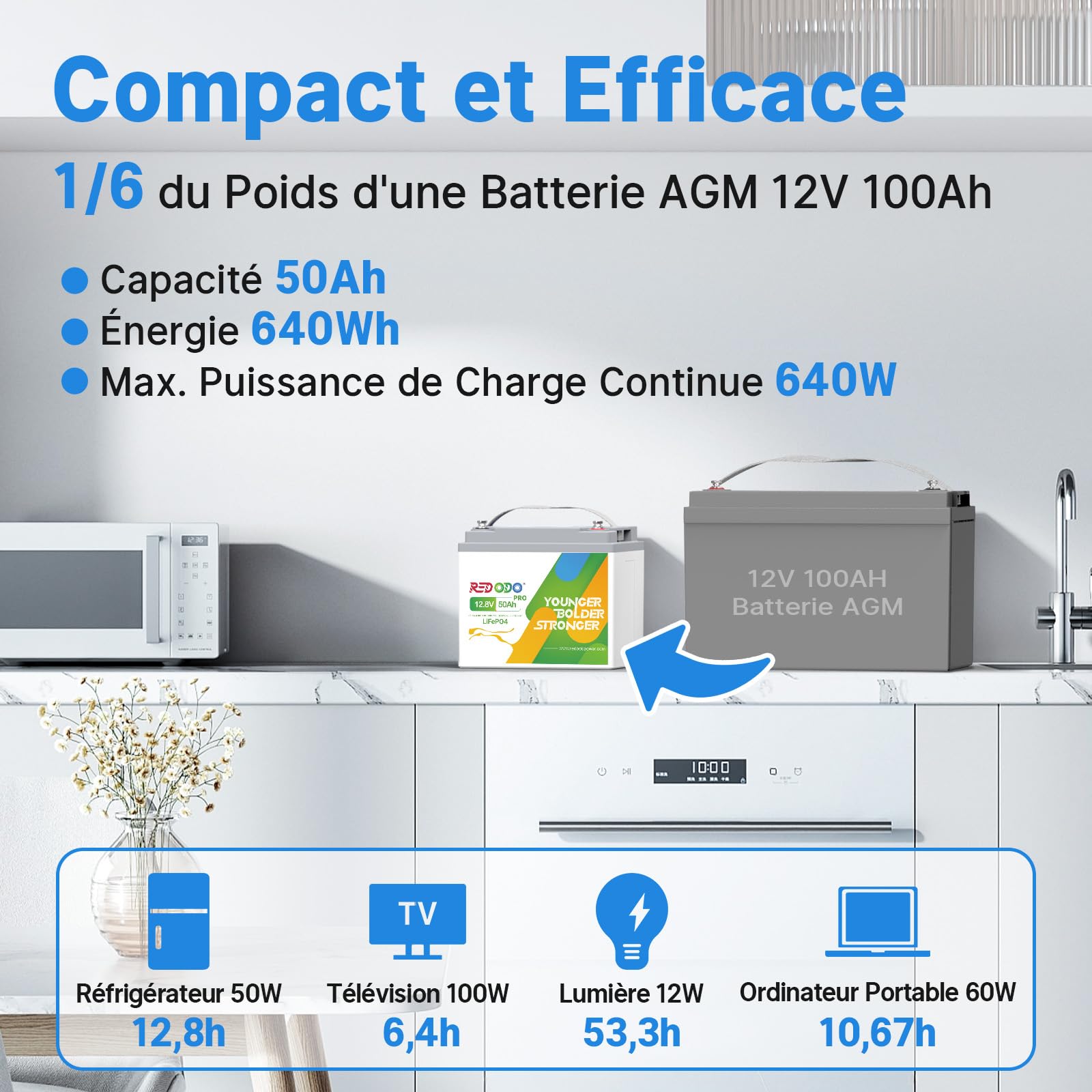 Redodo 12V 50Ah(1 Pack) Batterie LiFepo4 640Wh Batterie Lithium 4000+ Cycles Profonds et Durée de Vie 10 Ans pour Trolling Motor,Systèmes Solaires,Camping,Pêche