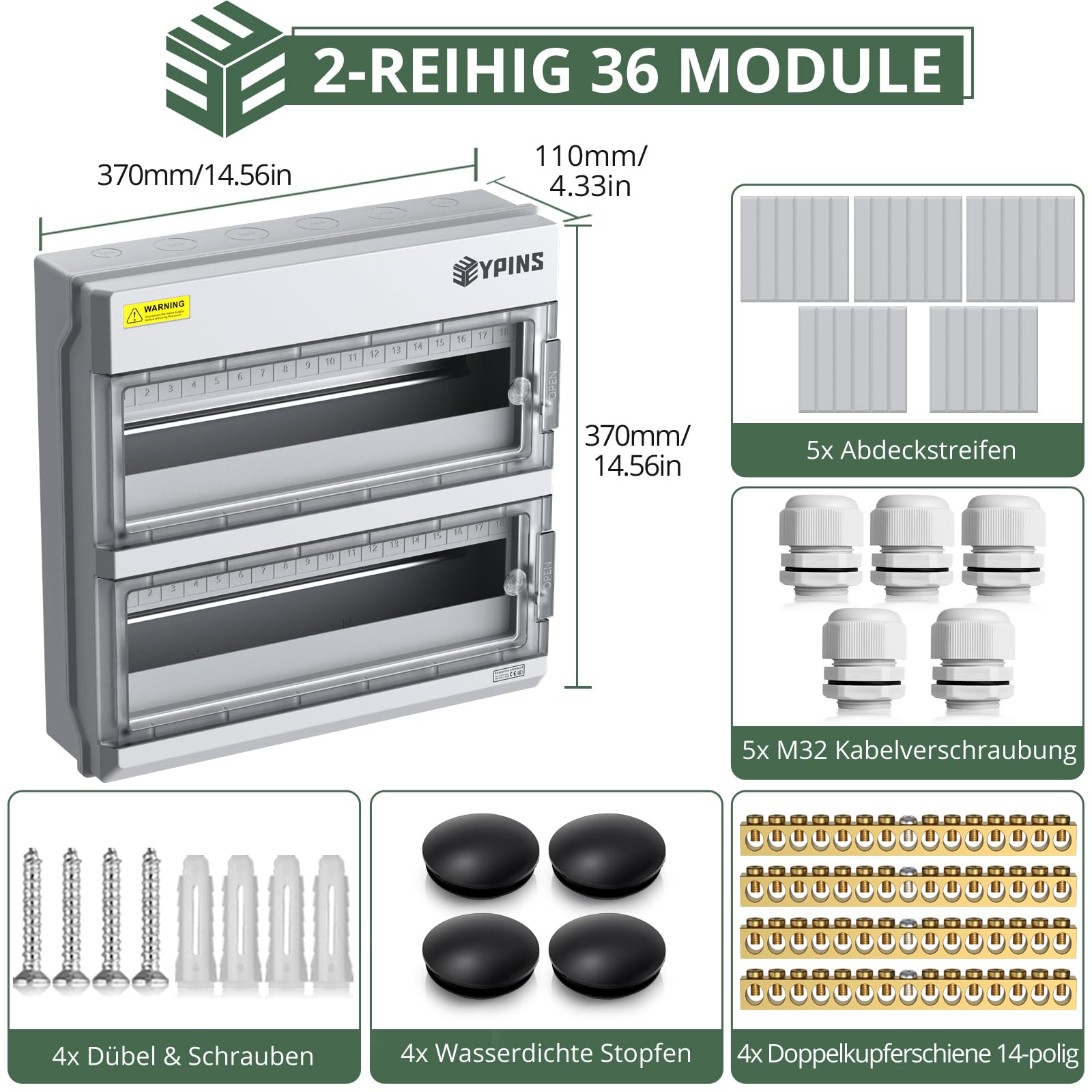 EYPINS Verteilerkasten Aufputz 2-reihig 36 Module, IP66 Wasserdicht Sicherungskasten Aufputzverteiler mit Montagezubehör, PC-Legierung UV-stabil für Garten, Keller PV-Anlagen Außenbereich Verteiler