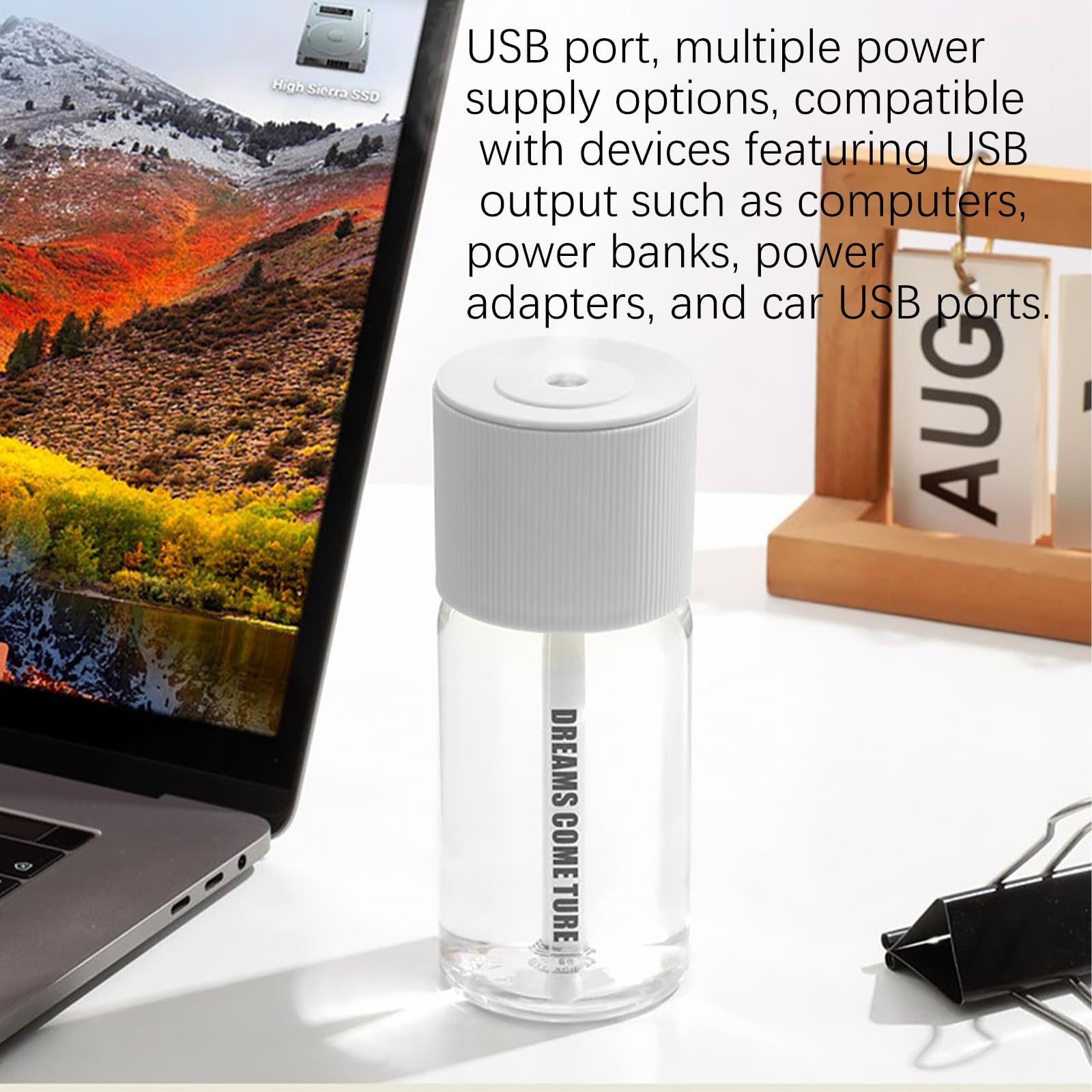 Mini umidificatore portatile USB per auto, ad ultrasuoni, funzionamento a bassa rumorosità, capacità circa 300 ml, adatto per viaggi/pendolarismo/ufficio/desktop (bianco)