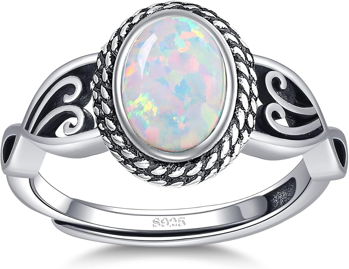 AVECON Adjustable Rings for Women 925 Sterling Silver Size 6-9 | Womens Vintage Rings with 6 * 8mm Oval Teal Turquoise/Turquoise/Moonstone/Opal Statement Rings