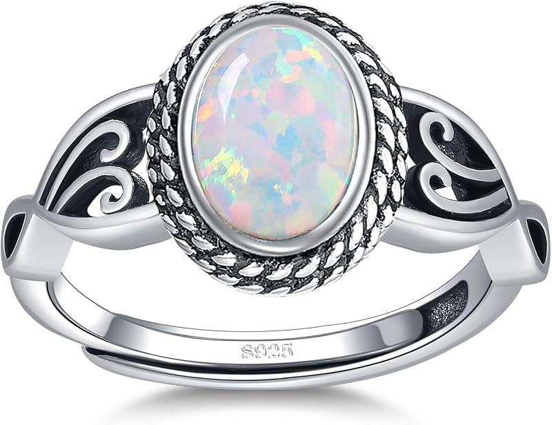 AVECON Adjustable Rings for Women 925 Sterling Silver Size 6-9 | Womens Vintage Rings with 6 * 8mm Oval Teal Turquoise/Turquoise/Moonstone/Opal Statement Rings