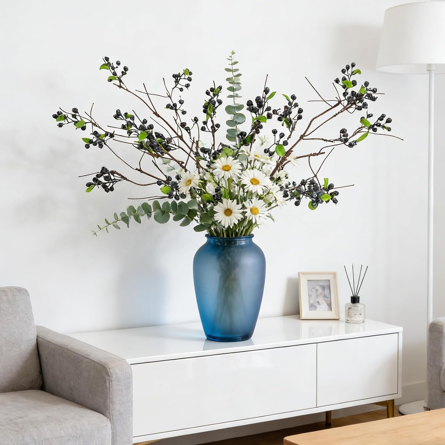 4 Pcs 32inch Artificial Blueberries Stem with Green Leaves, Artificial Stems Blueberry Picks Fruit Fake Silk Flowers for Centerpieces Farmhouse Holiday Party Wedding Decor (Blue)