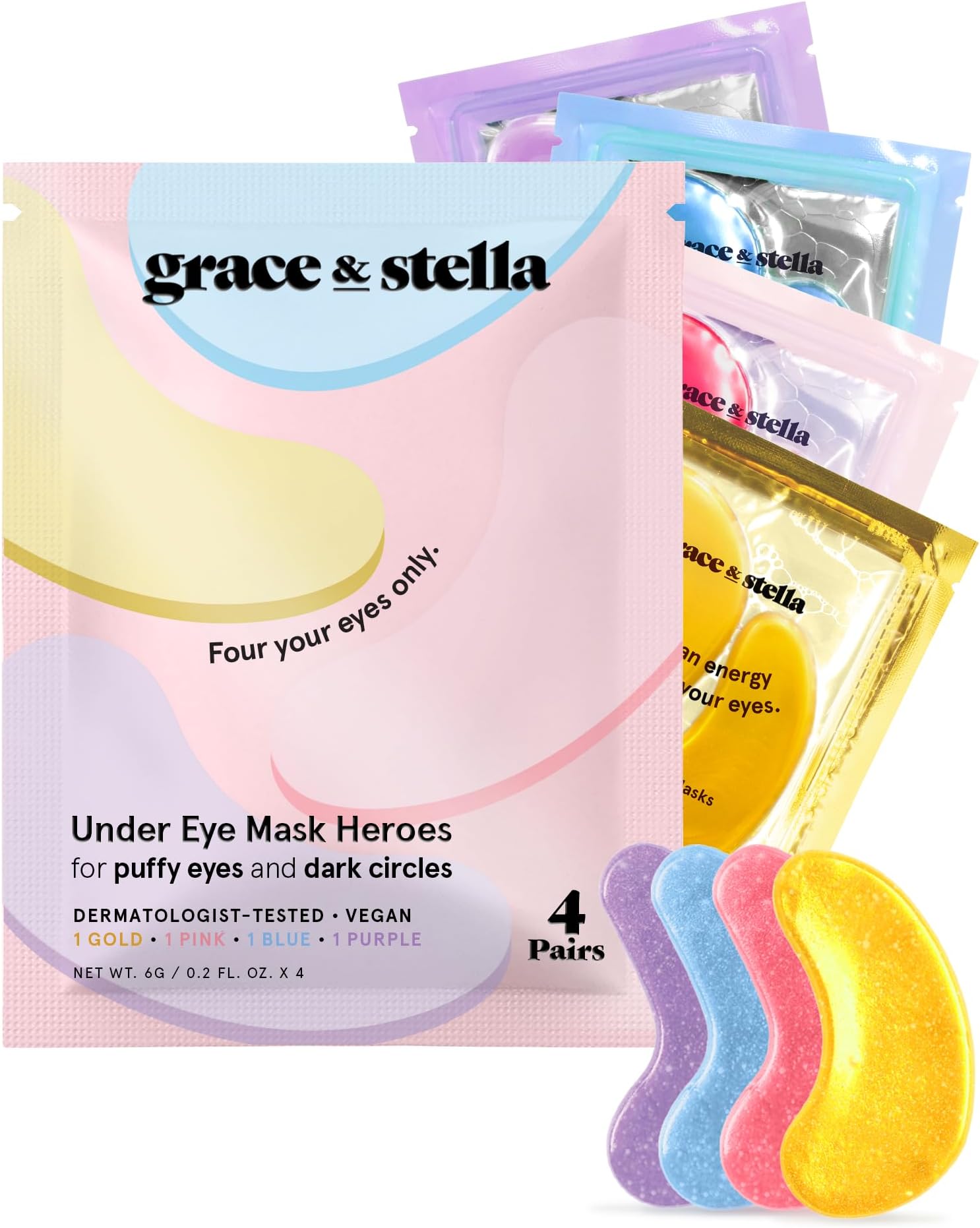 grace & stella Under Eye Gel Patches Multi-Color Pack - 4 Pairs of Under Eye Patches for Dark Circles - 4 Colors/1 Pair Each - Puffy Eyes Treatment - Vegan Cruelty Free Birthday Gifts for Women