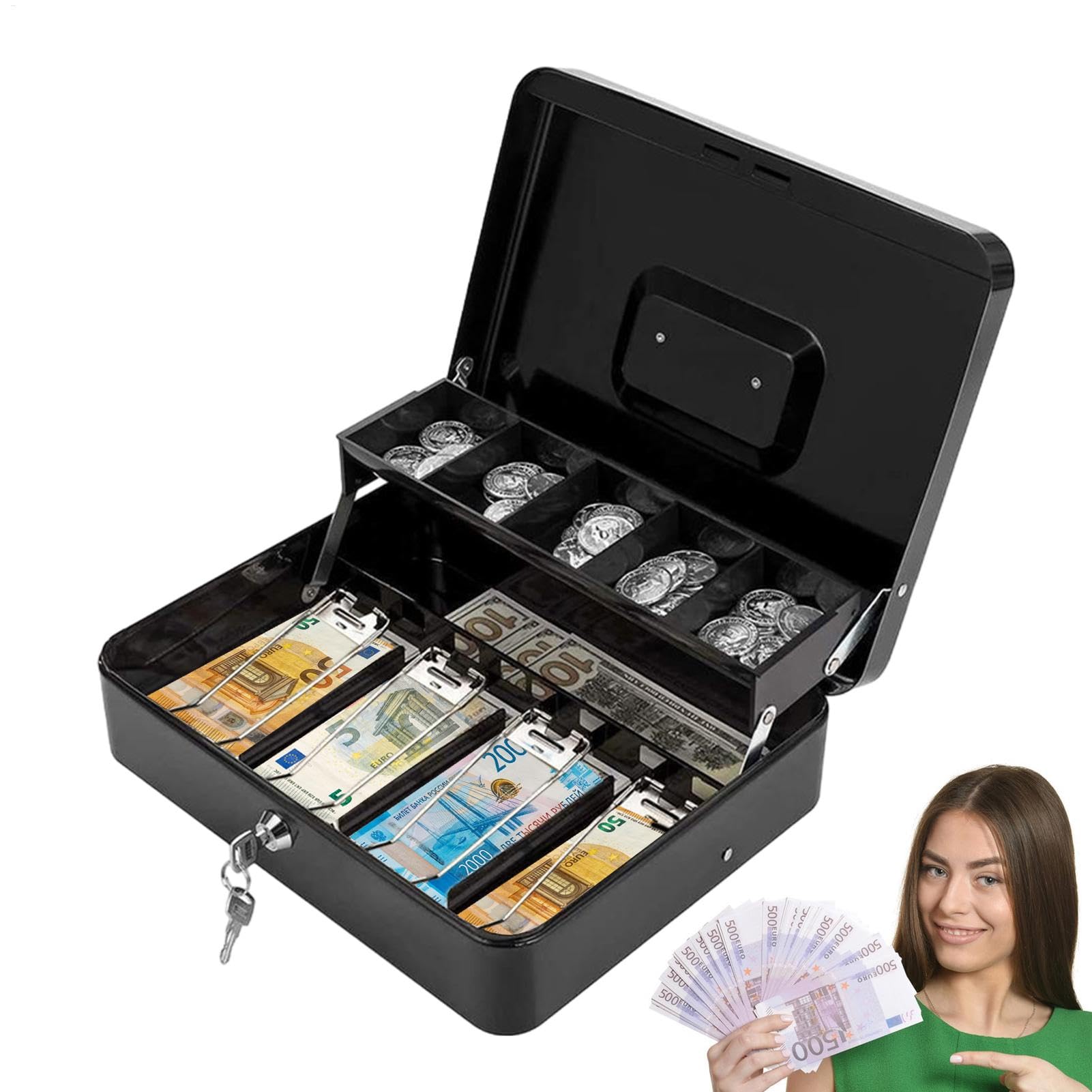 Cash Box - 4 scomparti per monete in metallo, con 5 scomparti per monete | in metallo, resistente e sicura per contanti, con scomparto per contanti, scatola di sicurezza portatile, cassetto di