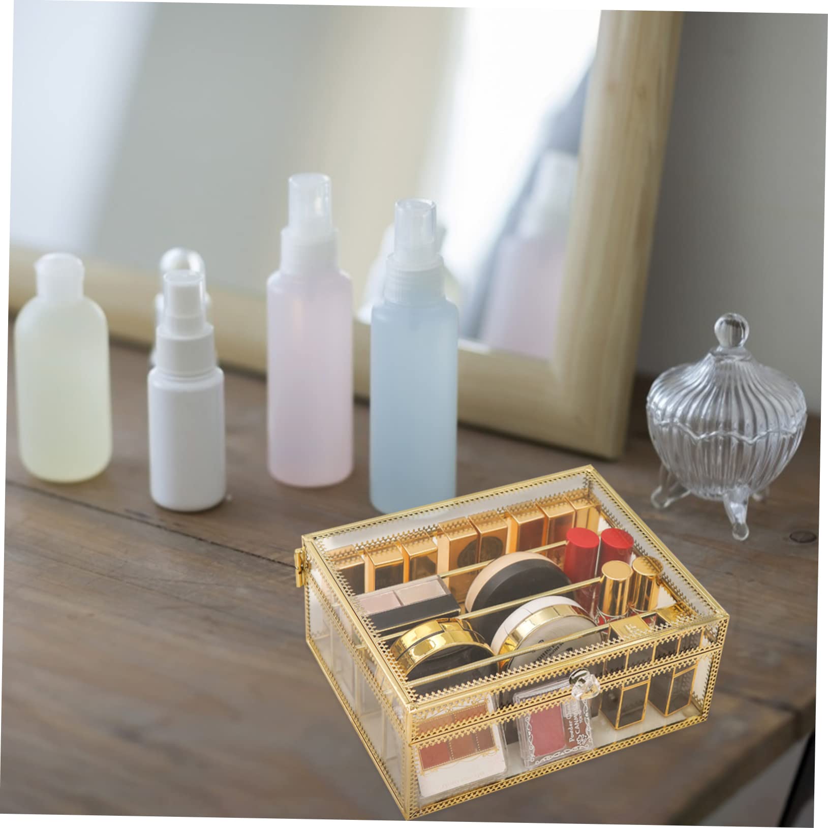 Aufbewahrungsbox mit Deckel aus Legierung und Glas Kosmetik | Geteilte Konstruktion, Feines Erscheinungsbild, 1 Stück, für Puder, Lidschatten und Lippenstift