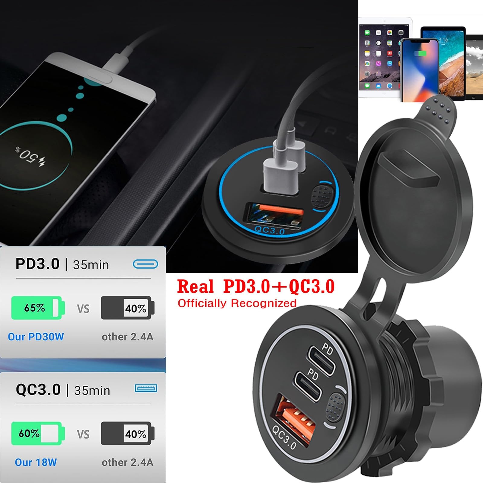 Prise USB 12 V, 75 W, PD et QC3.0 pour Moto, 12-24 V Prise USB étanche Encastrable avec Interrupteur et lumière LED Bleue, pour Voitures, Bateaux, Camions, Caravanes, Motos(2 Pièces)