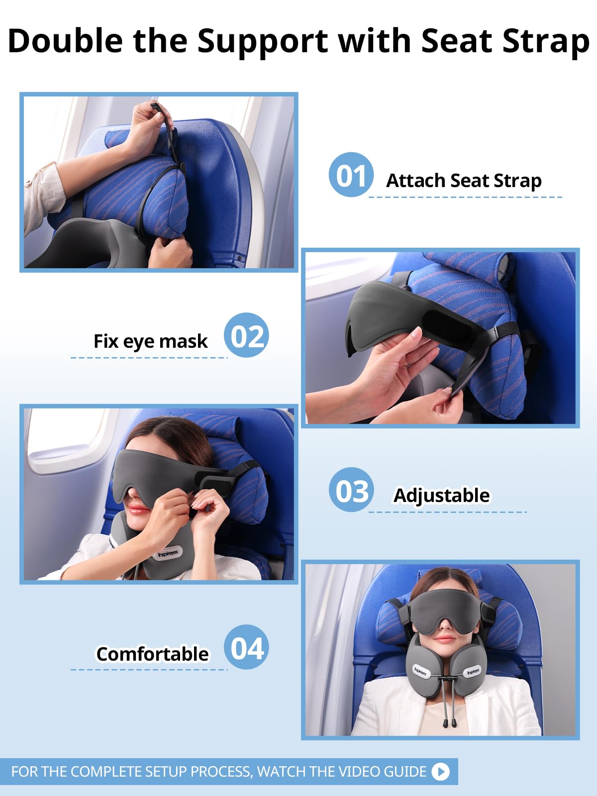 Inspireyes Almohada para el cuello, almohada de viaje con correa de asiento, máscara de dormir 3D, cabeza de cuello de doble apoyo, almohada de avión de espuma de alto apoyo para viajes largos por