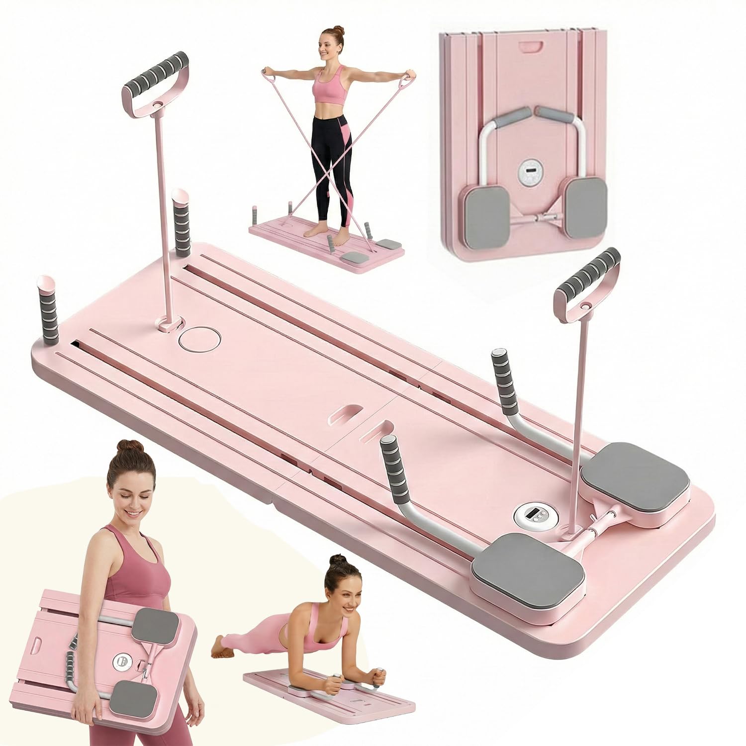 Saha Planche Pilates Reformer Rose Appareil Abdos Fitness Maison Bandes Résistance Poignées Timer Yoga Gainage Musculation