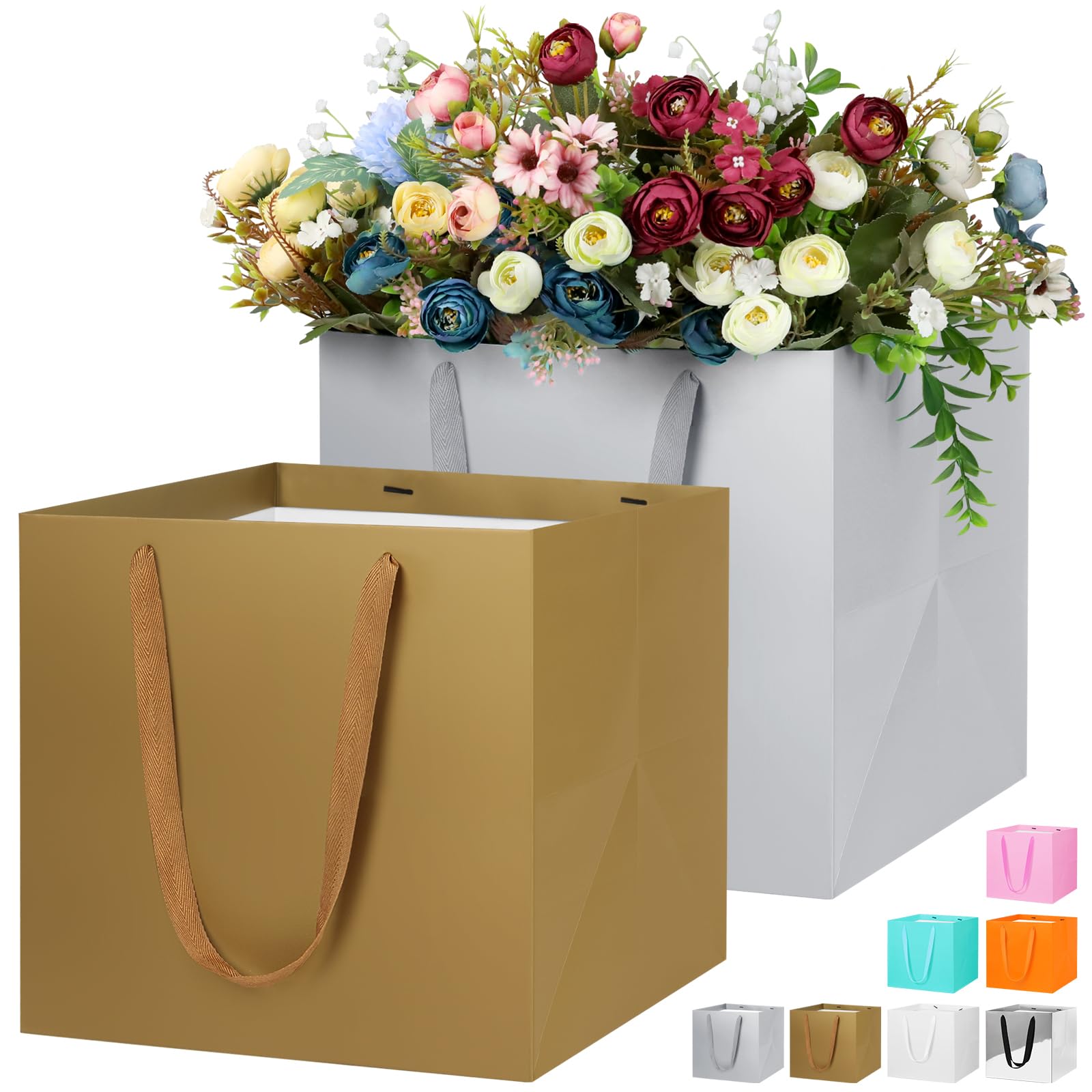 LVNRIDS 2 Stück Geschenktüte Groß, 11.8 inch Quadratische Geschenktüten Papiertüten, Geschenk Tüten für Hochzeit Brautjungfer Abschlussfeier Geburtstag Weihnachten Gold/Grau
