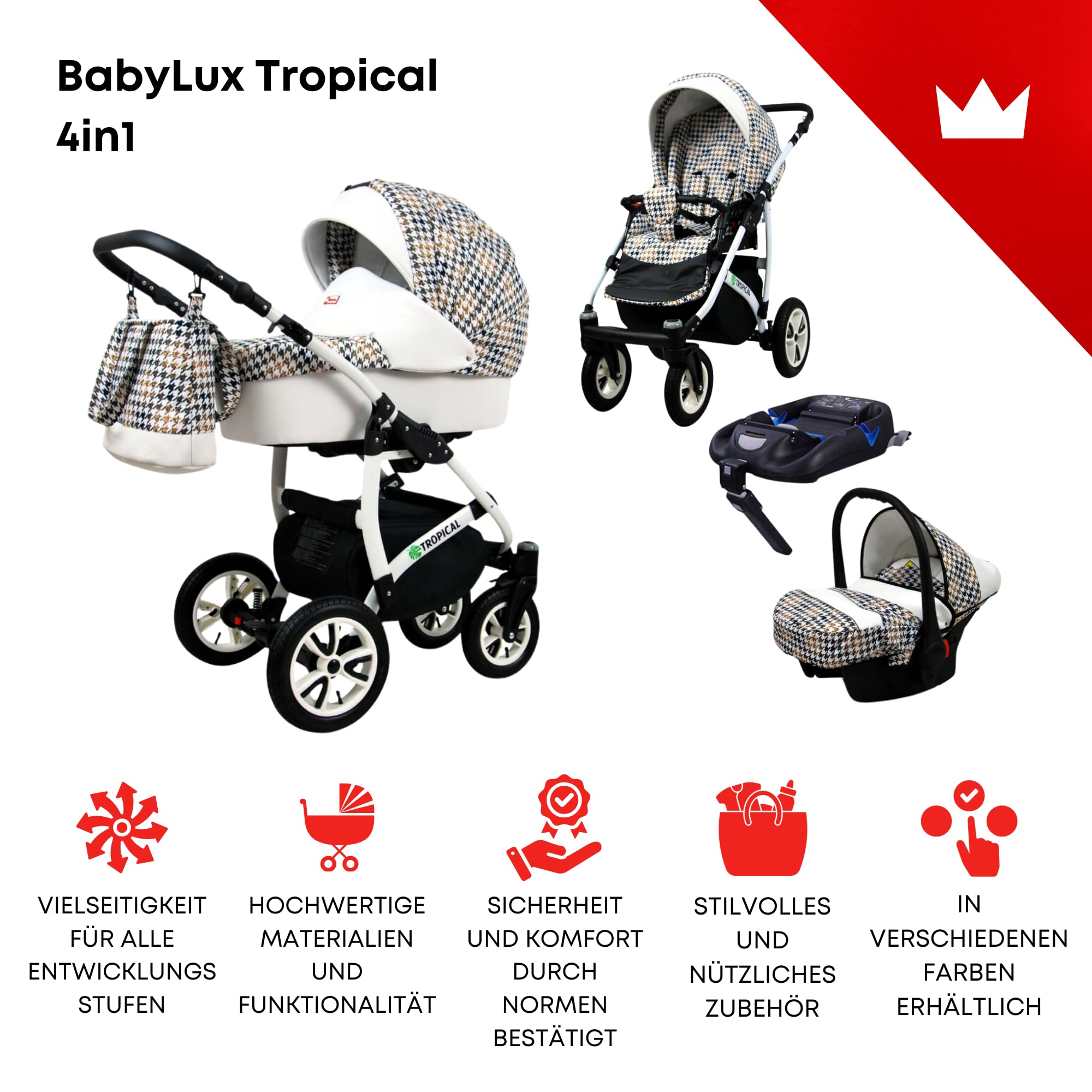 BabyLux® Wózek dziecięcy kompletny zestaw 4 w 1 - tropikalny - w tym gondola dla niemowląt, wędka, fotelik samochodowy, podstawa ISOFIX - system kombinowany dla niemowląt, z torbą do przewijania itp.