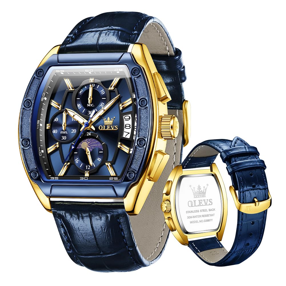 OLEVS Watches for Men Leather Strap Luxury Business Two Tone Waterproof Analog Quartz Dress Big Face Watch Chronograph Moon Phase Date Luminous Casual Fashion Mens Watches（Black/Gold/Silver/Blue）