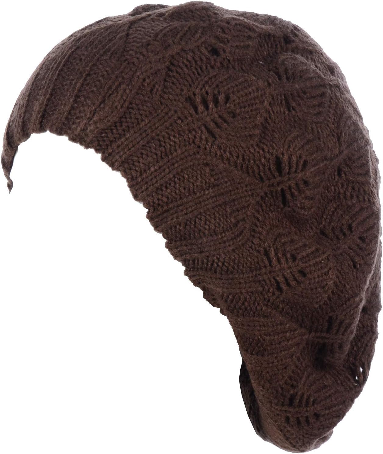 BYOS Women Mid-Weight Slouchy Leafy Cutout Crochet Soft Knit French Beret Hat
