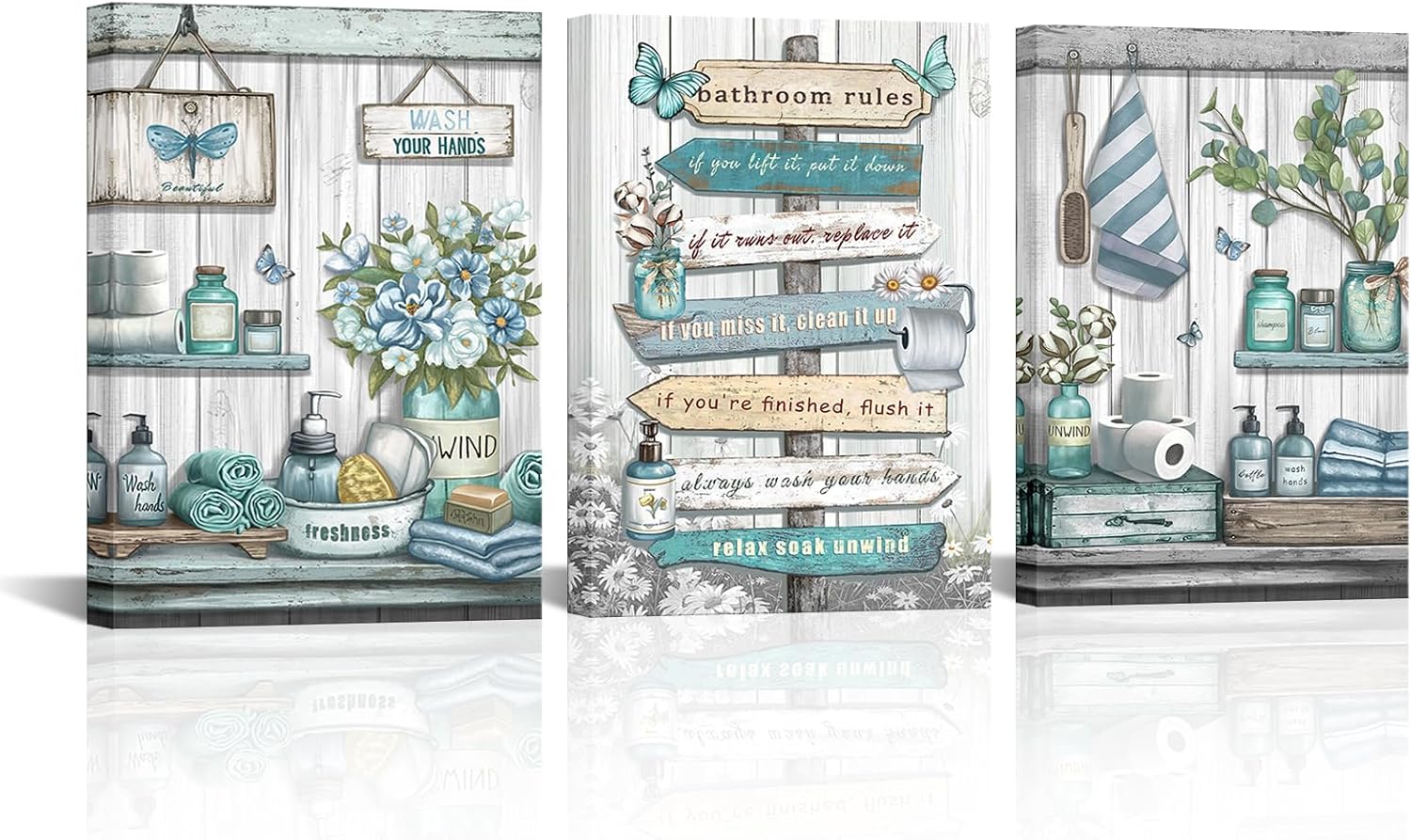 OuElegent Teal Bathroom Wall Art Canvas Farmhouse Wall Decor Rustic Bathroom Rules Paintings Turquoise Pictures for Washroom Wall Decor Framed (12''x16''x3pcs)