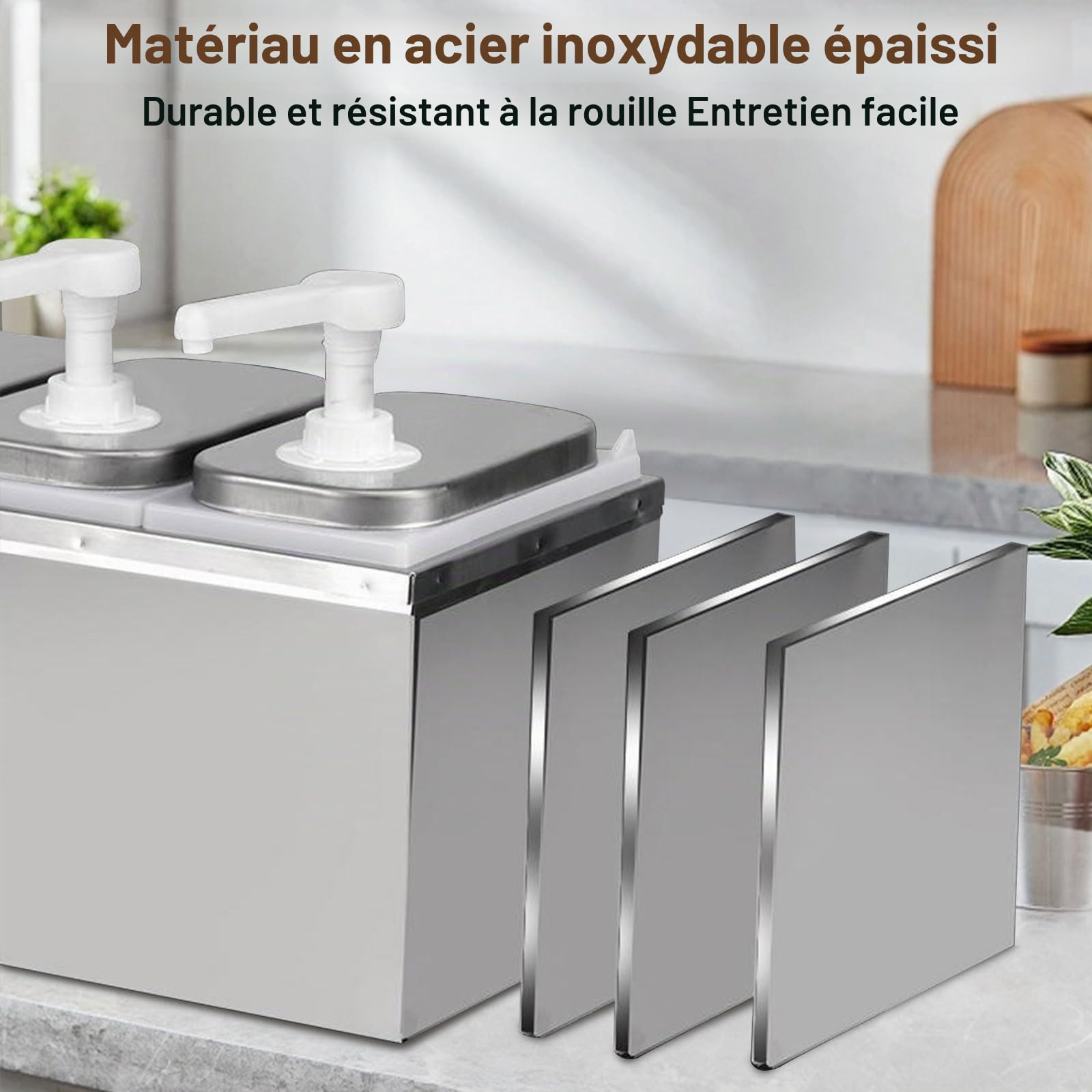 Distributeur de sauce ketchup de 4 l avec 4 pompes - Station de pompe à épices en acier inoxydable - Distributeur de sauce - Distributeur de sauce - Distributeur de sauce pour salade, confiture