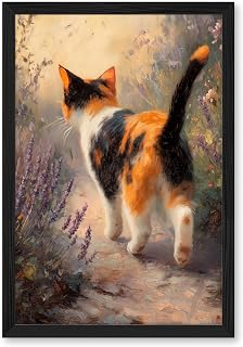 Vintage Calico Cat in Garden Path Rustic Nature Scene Painting Poster Framed Canvas Wall Art Living Room Aesthetic Home Decor Bedroom Decoration Gift Black pvc frame8x12inch