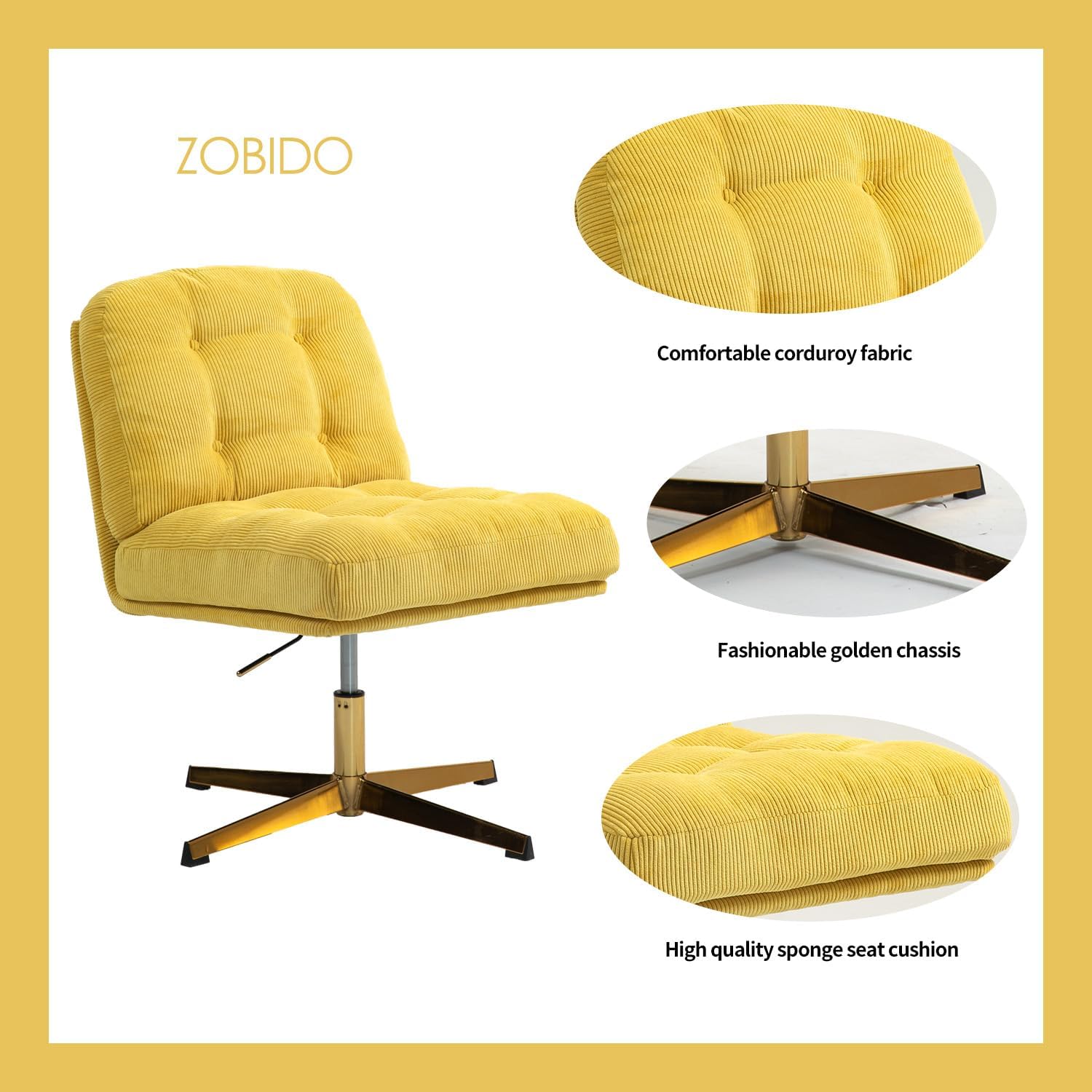 ZOBIDO Modern Accent Corduroy Chairs Comfy Upholstered Vanity Chairs for Bedroom Armchair Dining Chairs with Golden Metal Legs Desk Chair for Living Room(Yellow