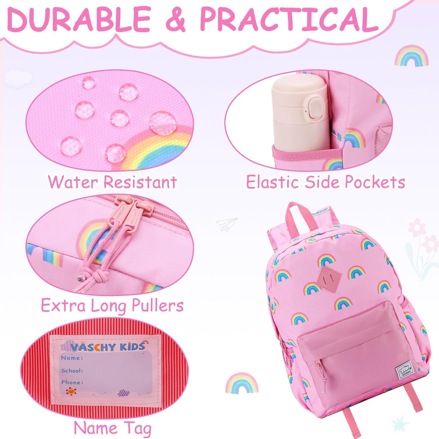 VASCHY Kids School Backpack Rucksack for Boys Girls Children's Toddler Backpack Kindergarten Book Bag with Chest Buckle, Rainbow Pink, Arc-en-ciel Rose, Daypack Backpacks - Image 5