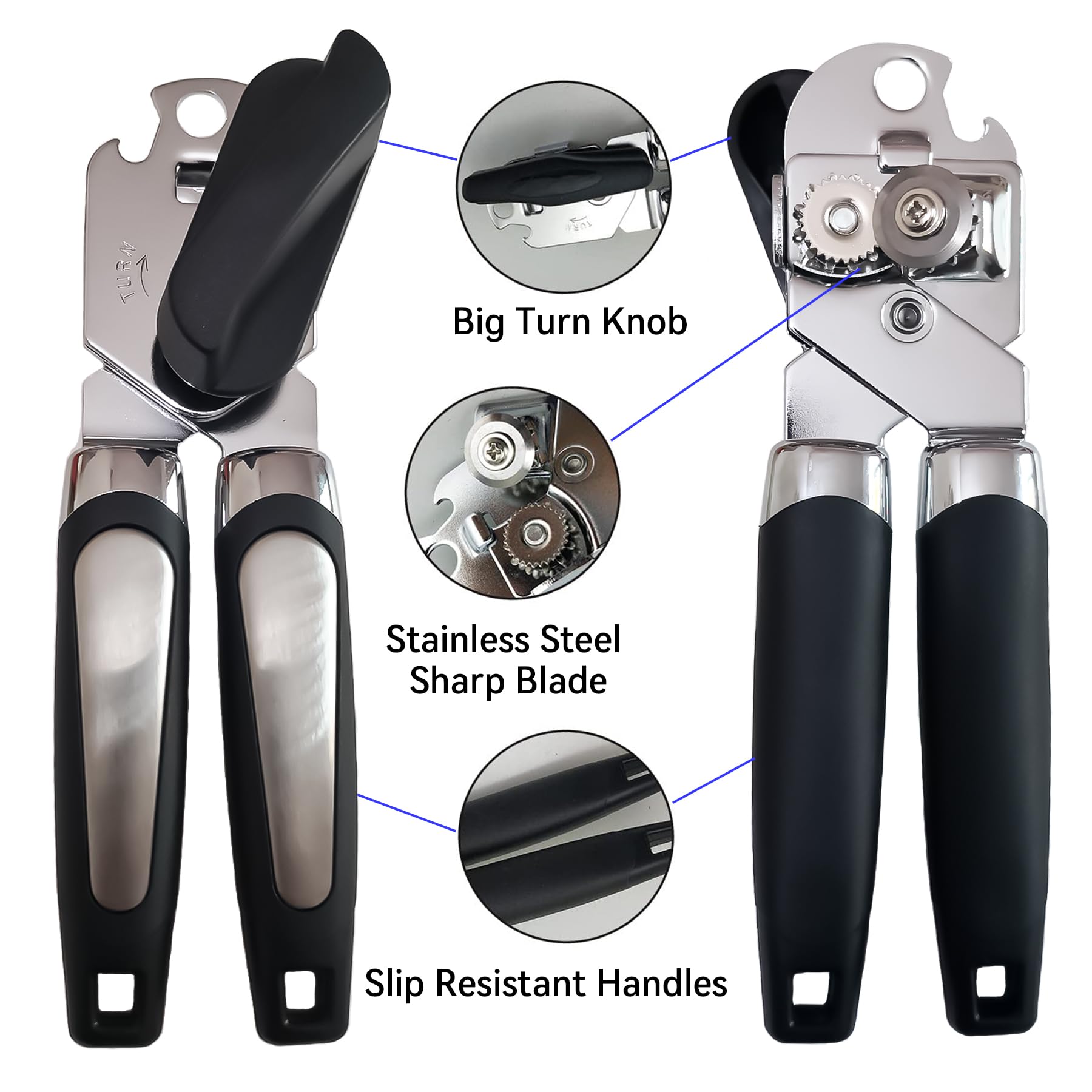 Can Opener Manual, Handheld Strong Heavy Duty Stainless Steel Can Opener, Sharp Blade Smooth Edge and Comfortable Handle, Can Openers with Multifunctional Bottle Opener (Black)