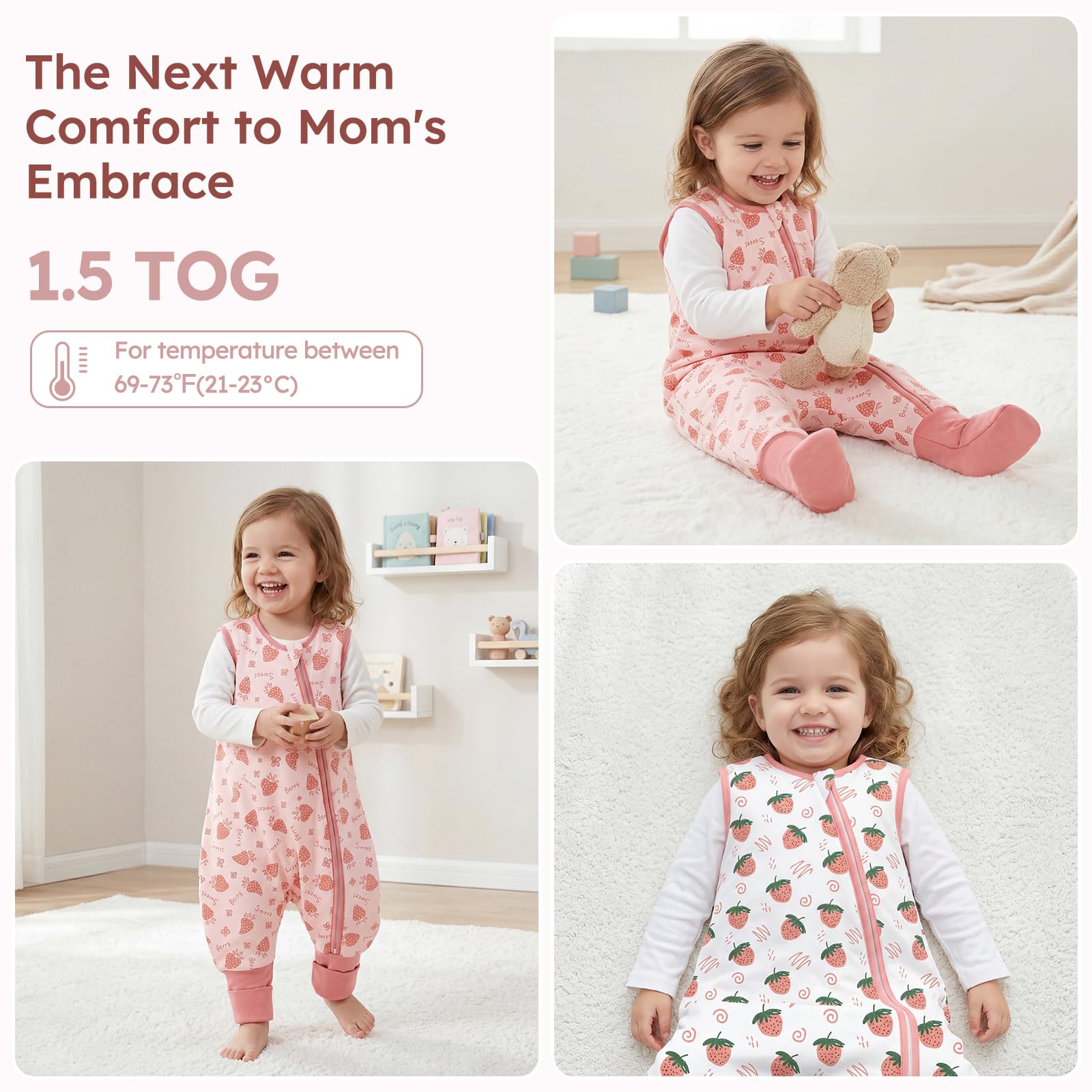 Unnivoll Saco de dormir para bebé 1.5 Tog, 2 unidades, algodón, saco de dormir durante todo el año, saco de dormir con patas de bebé, flexible, 90 cm, para niño y niña