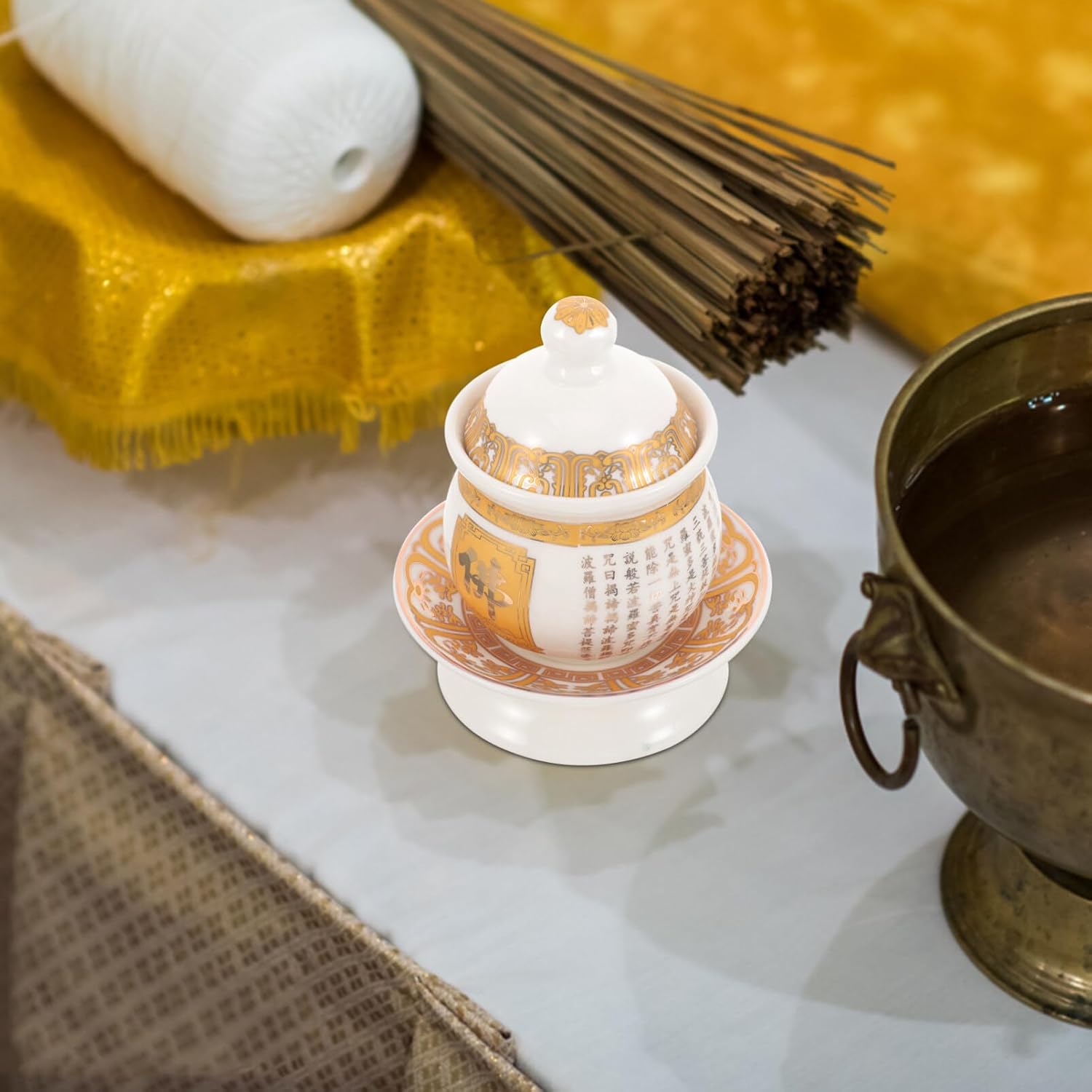 OSALADI Ceramic with Lid and Tray Water Offering Cup for Temple