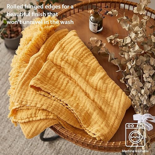 Miniatura 4 de Simple&Opulence Manta de muselina de algodón para cama, sofá, manta de gasa tejida de punto con borlas, suave, ligera, acogedora, prelavada,