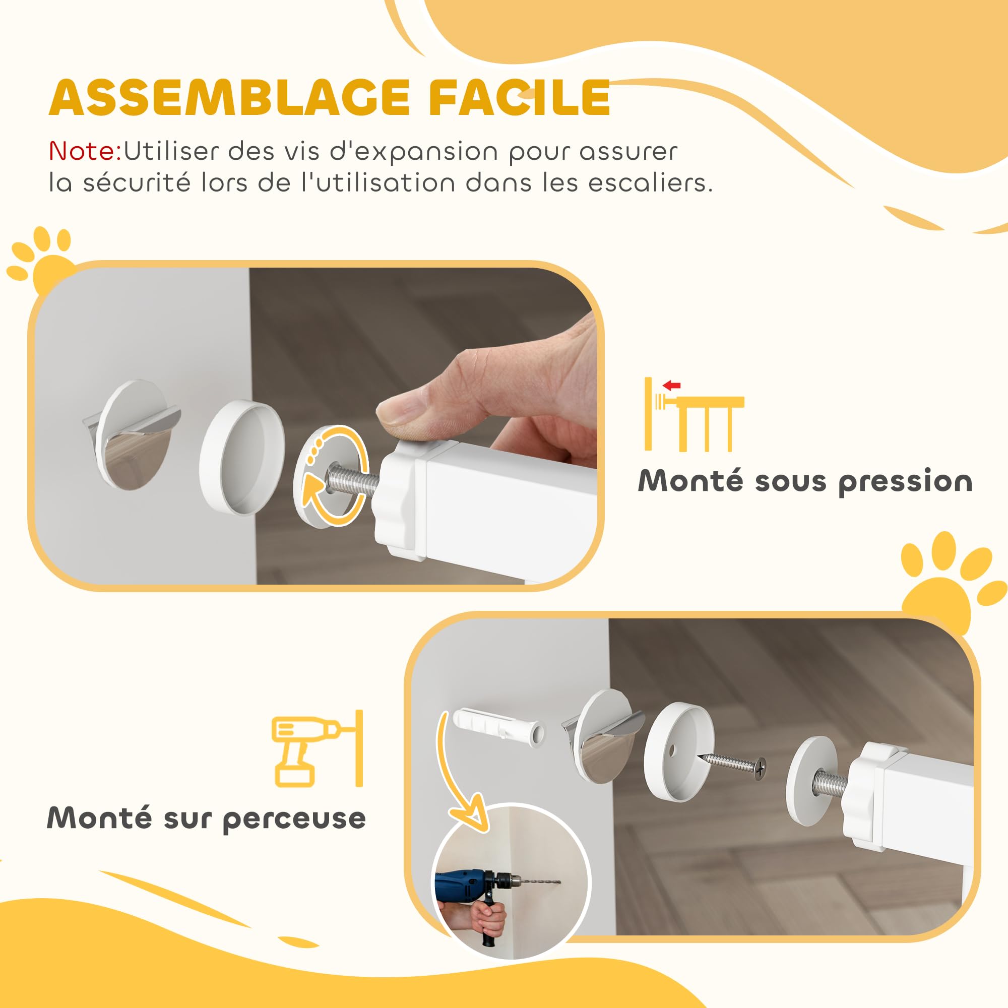 PawHut - Barrera de Seguridad para Perros Extensible 74-100 cm, Barrera de Escalera de fijación por presión sin taladrar, Doble Bloqueo de Cierre, Cierre automático, Altura 94 cm, Color Blanco | Barrera de escalera de fijación por presión sin taladrar, do